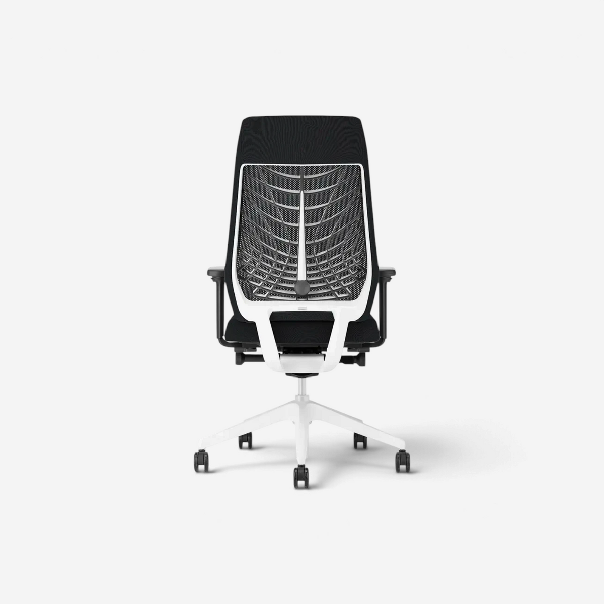 Addo Shop Joyce ergonomic office chair with white frame, black FlexGrid backrest, and adjustable swivel base.