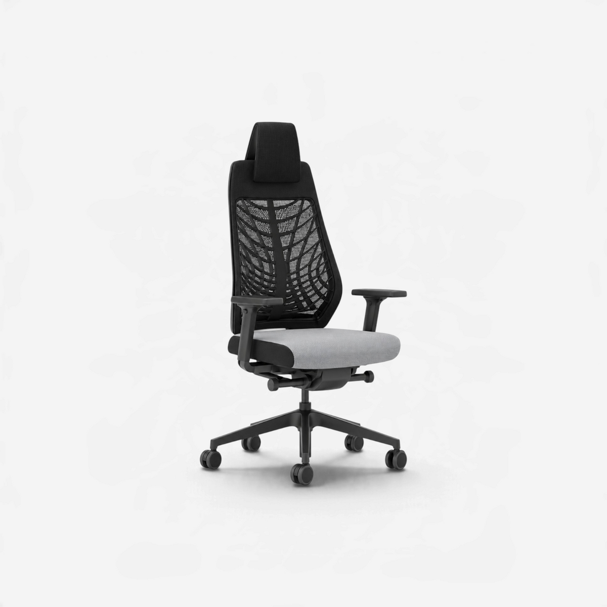 Addo Shop Joyce ergonomic office chair with black frame, mesh backrest, headrest, and grey upholstered seat