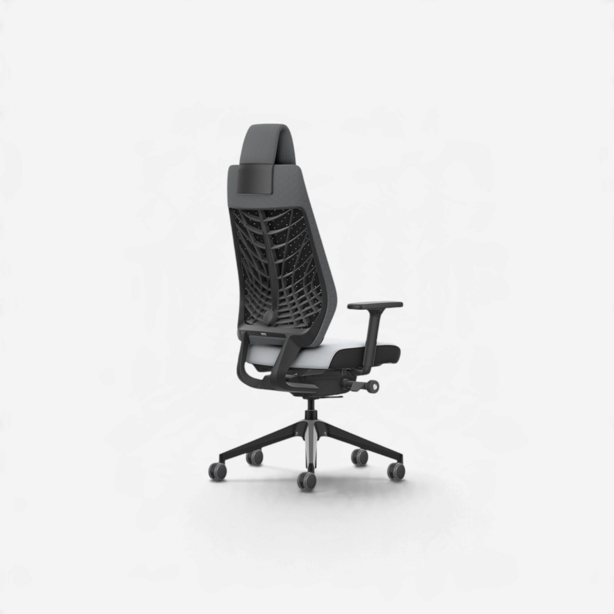 Addo Shop Joyce office chair with headrest, grey fabric upholstery, and black ergonomic skeletal back support