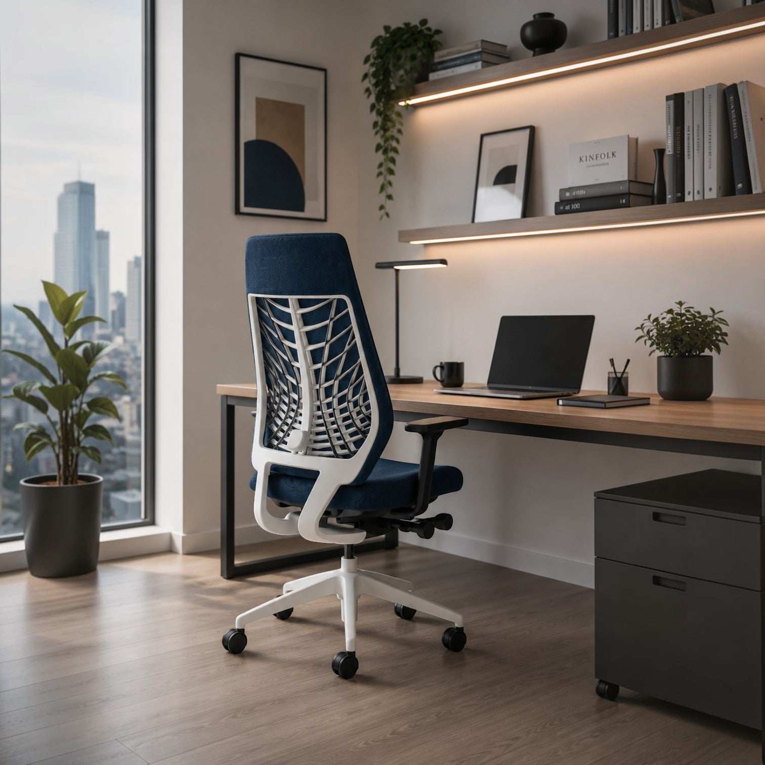 Addo Shop Joyce office chair with white frame, blue upholstered seat, and ergonomic FlexGrid backrest in home office.