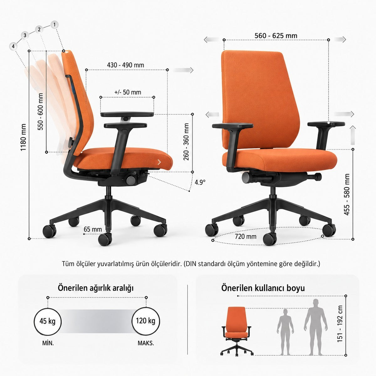 Addo Shop Joyce ergonomic office chair in orange with adjustable armrests, FlexGrid backrest, and technical dimensions