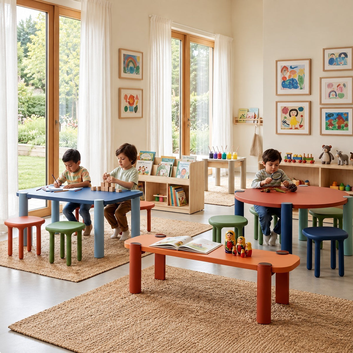 Addo Shop Kidzdesk01 bank and colourful children's tables in a bright, modern classroom setting with young children.