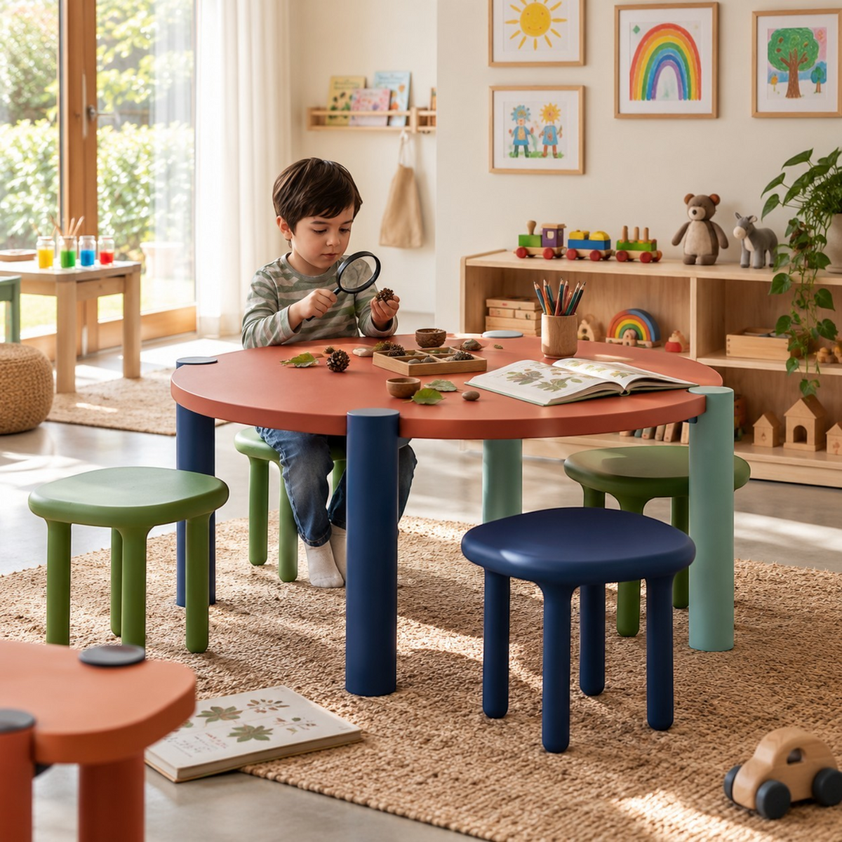 Addo Shop Kidzdesk01 round table with colourful stools in a bright playroom with a child exploring nature items