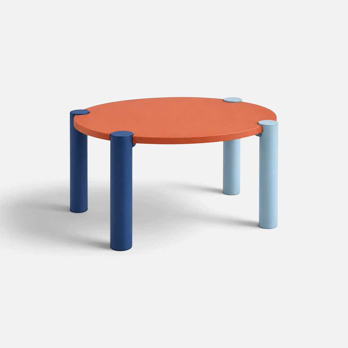 Addo Shop Kidzdesk01 round children's table with an orange top and contrasting blue and light blue cylindrical legs