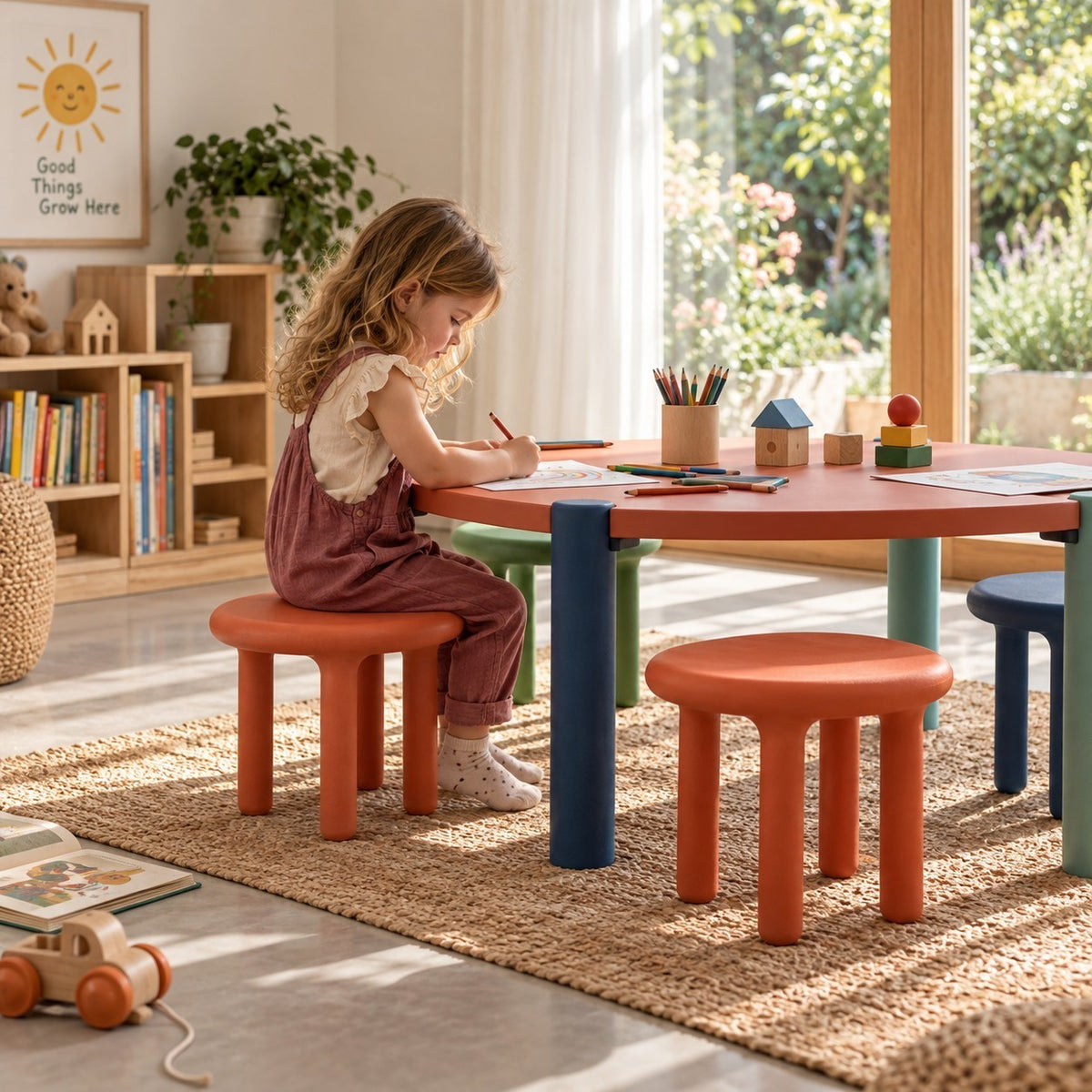Addo Shop Kidzdesk01 Tabure, a round terracotta-colored children's stool with a minimalist design in a sunny playroom