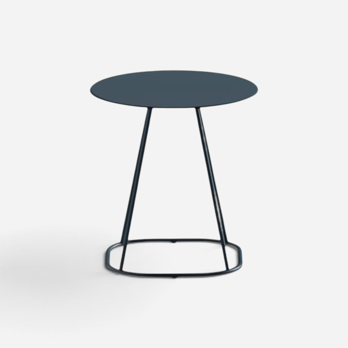 Addo Shop Kiran round side table with a dark grey lacquered top and a minimalist geometric painted metal base.