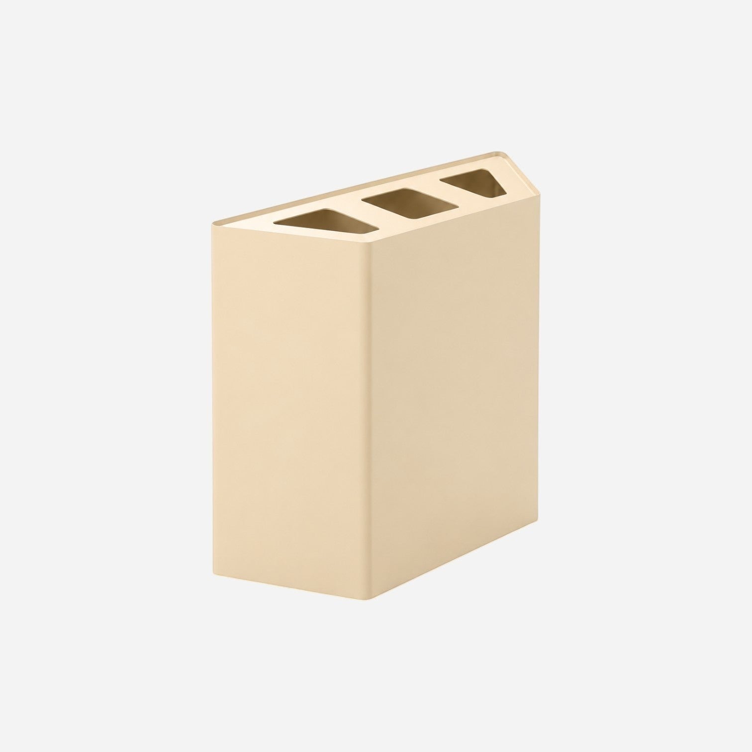 Addo Shop Linear beige metal recycling waste bin with three top openings for sorting trash in a minimalist design.