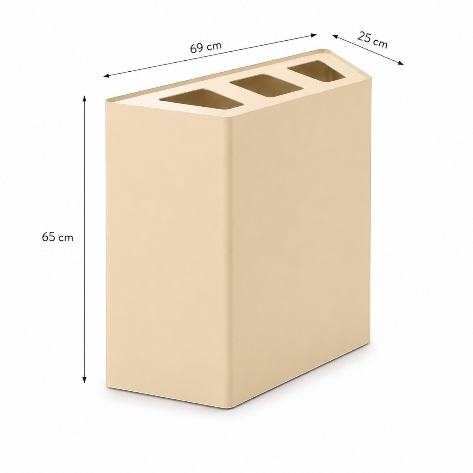 Addo Shop Linear beige recycling waste bin with three compartments and dimensions shown on a white background.