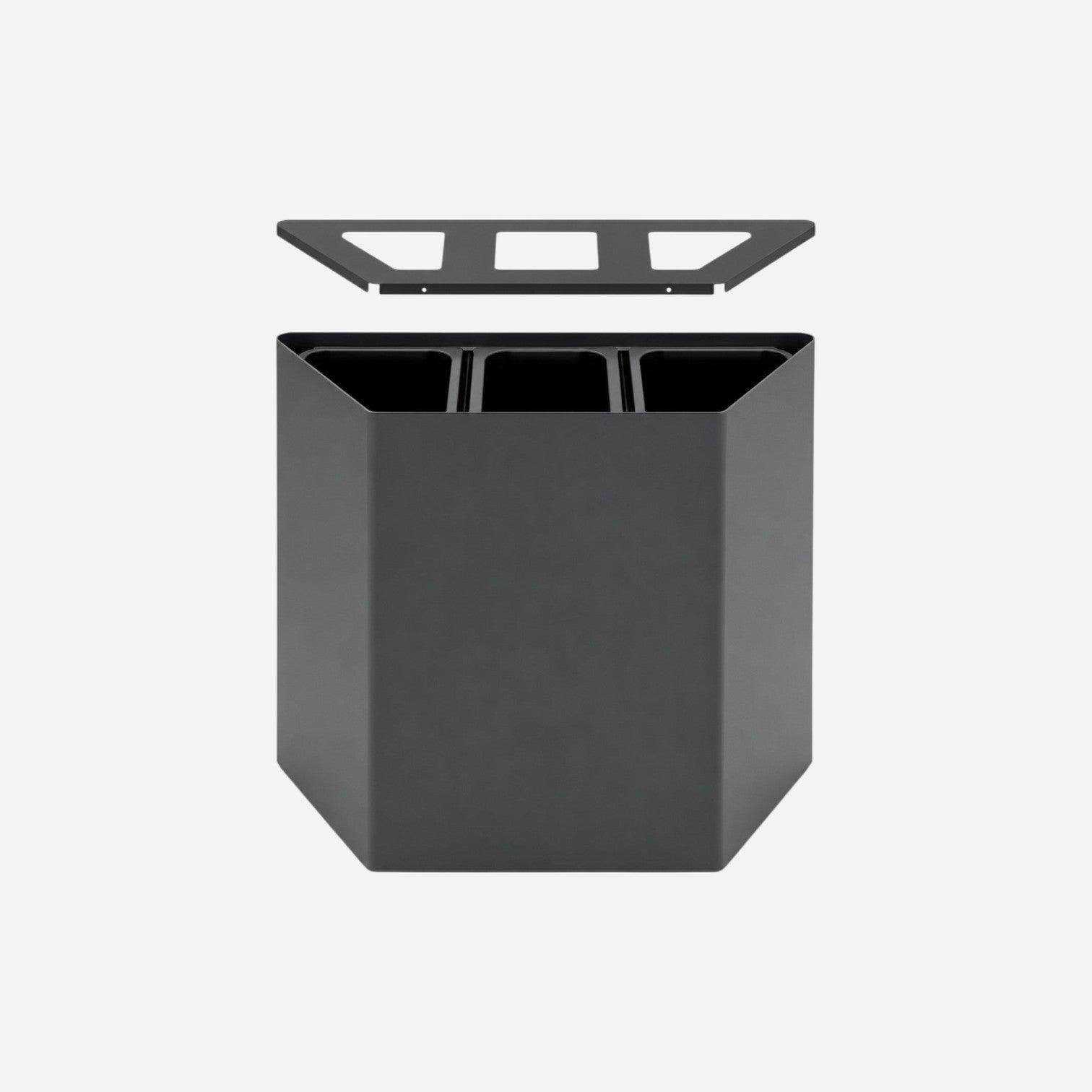 Addo Shop Linear recycling waste bin in matte black with three internal compartments and a removable top lid.