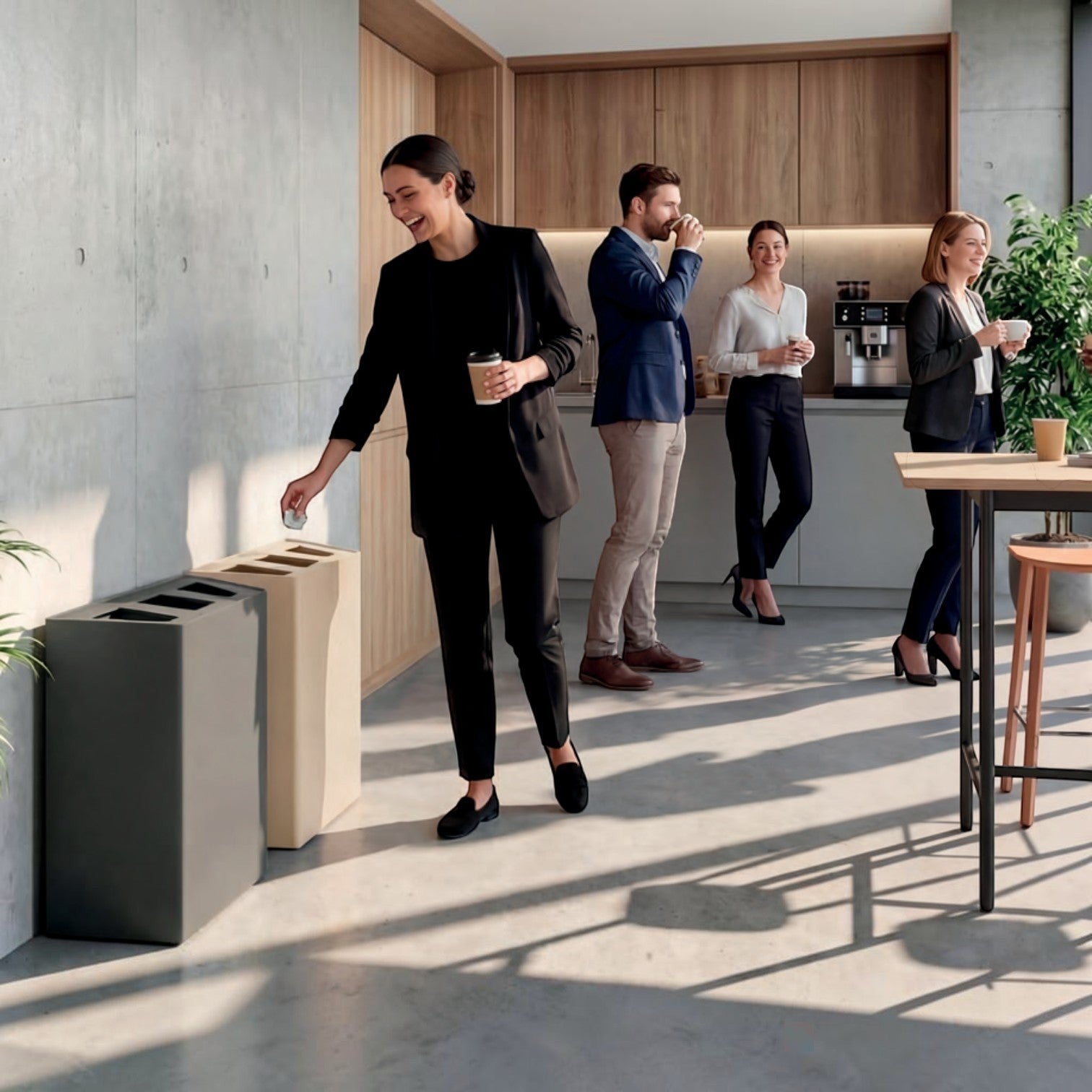 Addo Shop Linear recycling waste bins in grey and beige, placed in a modern office breakroom with employees.