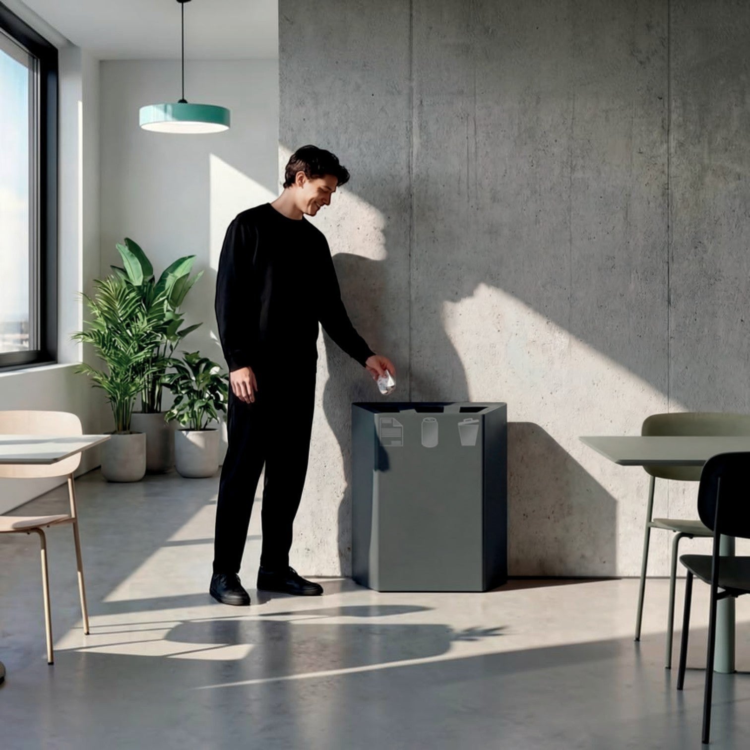 Man in black clothes using an Addo Shop Linear grey multi-compartment recycling waste bin in a modern office.