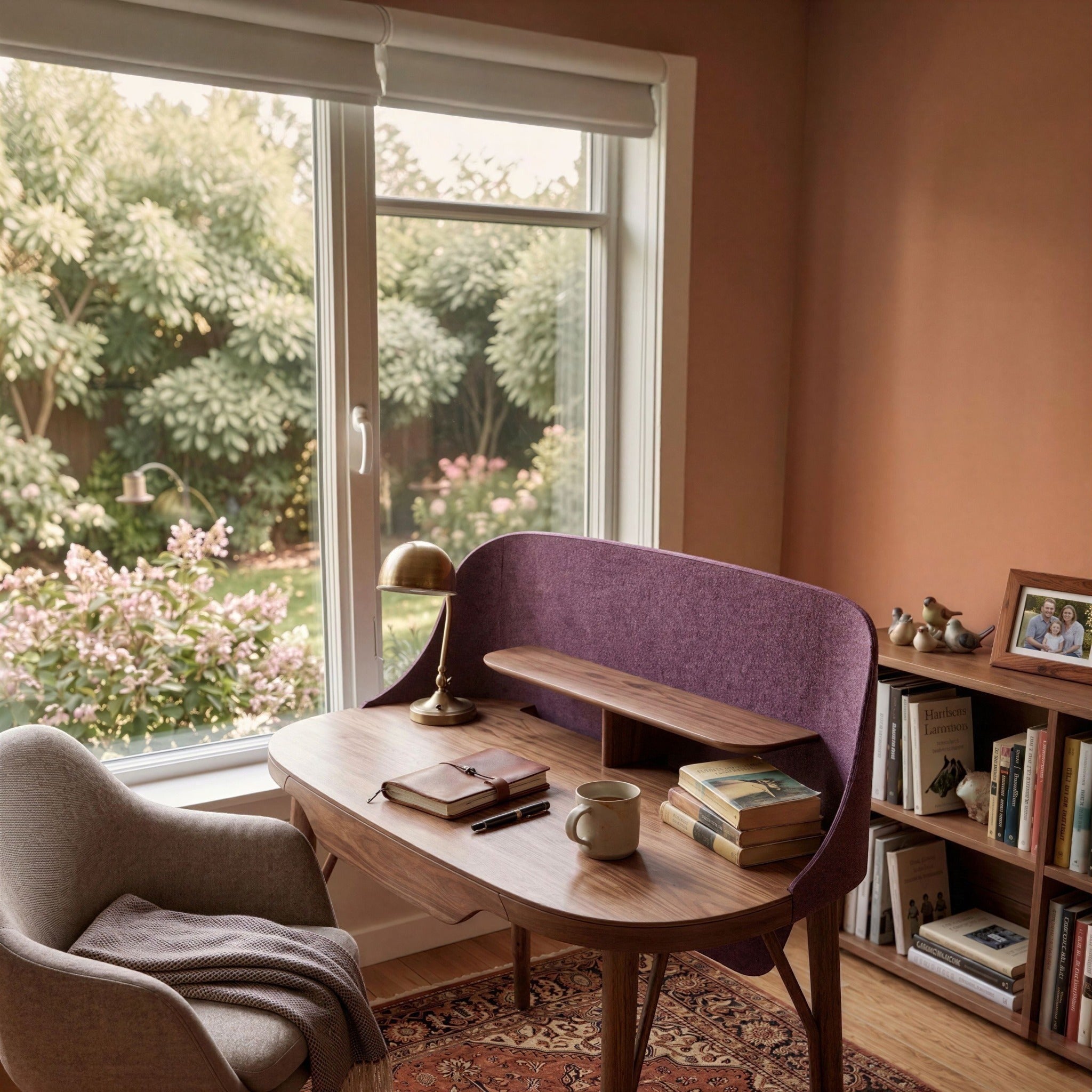 Addo Shop Lunedi wooden desk with a purple felt privacy screen and integrated shelf in a home office setting.
