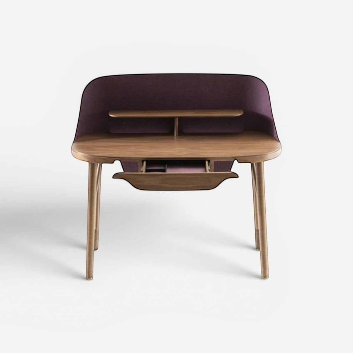 Addo Shop Lunedi wooden desk with a dark fabric privacy panel, integrated shelf, and a small storage drawer.
