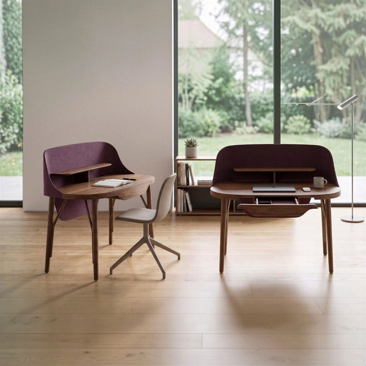 Addo Shop Lunedi wooden desks with purple felt privacy screens and solid legs in a modern home office setting.