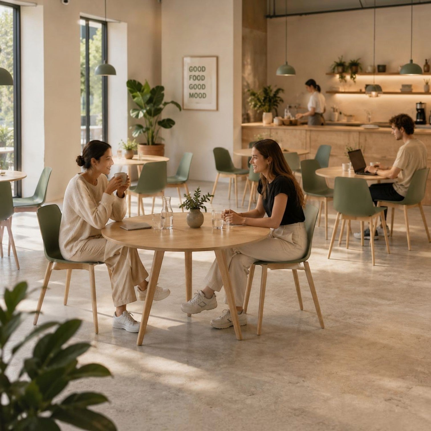 Addo Shop Marvin cafeteria chairs with olive green shells and beech wood legs in a modern, sunlit cafe setting.