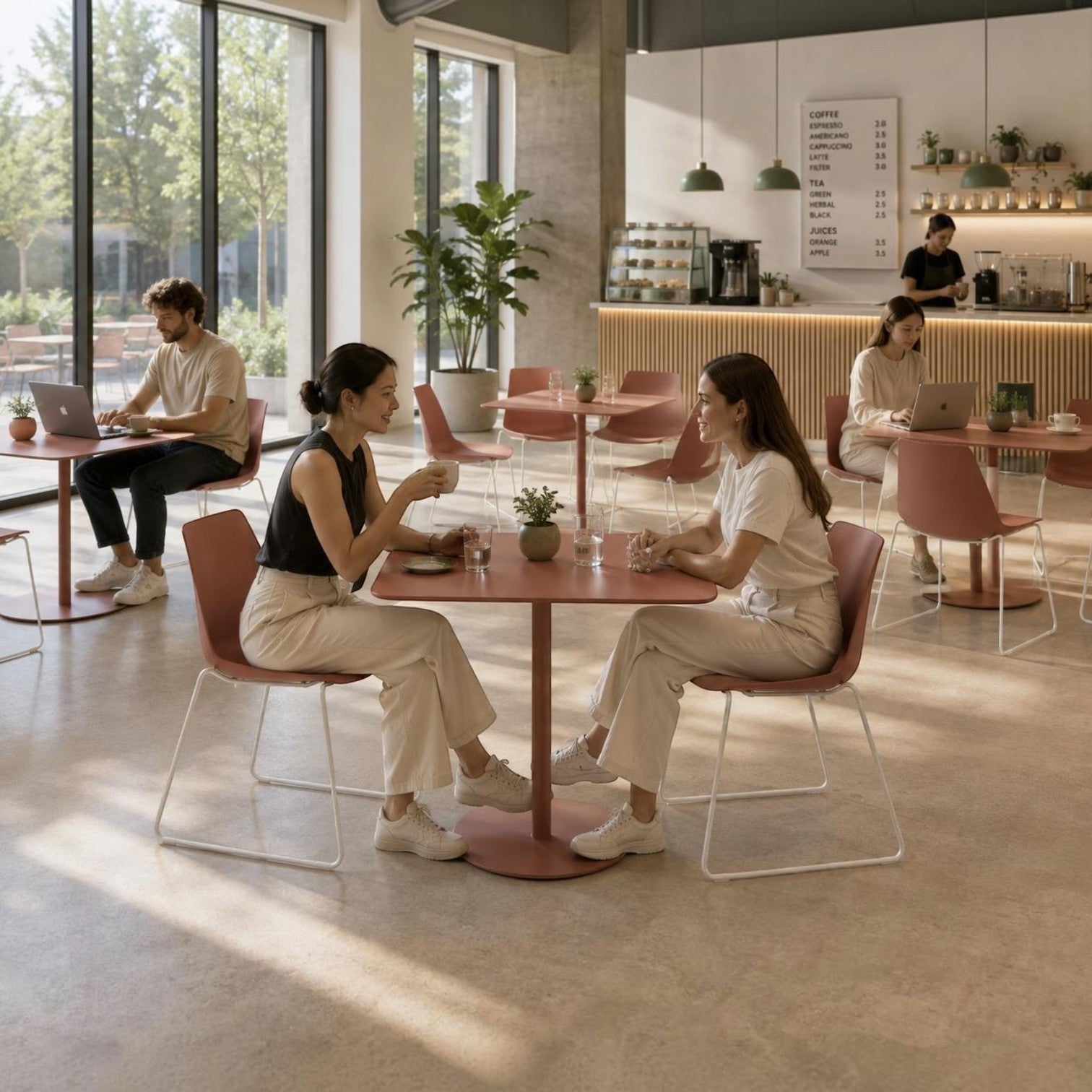 Addo Shop Marvin cafeteria chair with white steel frame and pink shell in a modern cafe setting