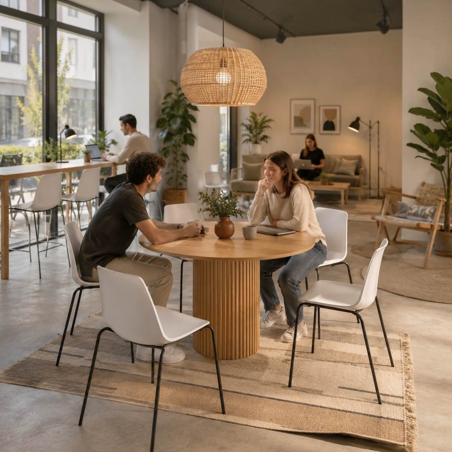 Addo Shop Marvin cafeteria chair with white polypropylene shell and black steel frame in a modern cafe setting
