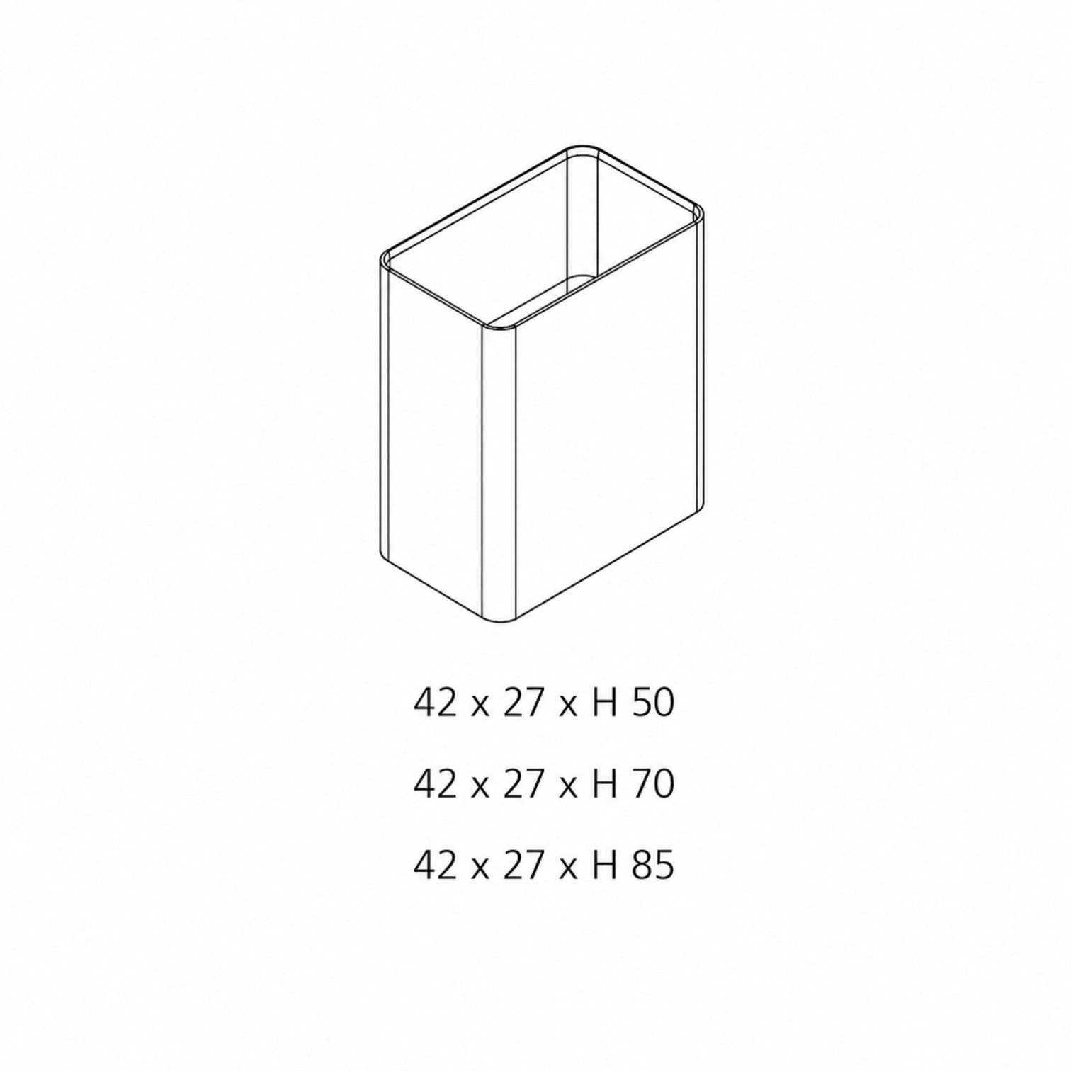 Addo Shop MAXI rectangular planter line drawing with three available height dimensions for modern home decor.