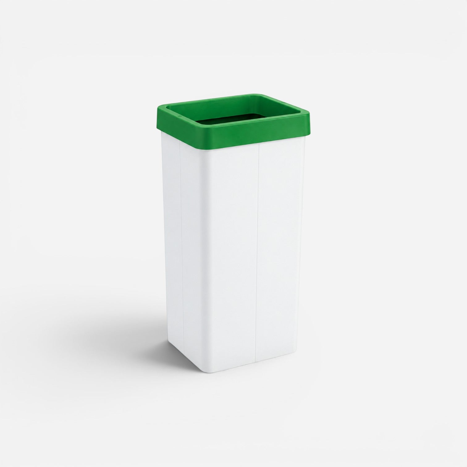 Addo Shop 70L Maxi recycling bin with a white rectangular body and a green open top lid for waste management.