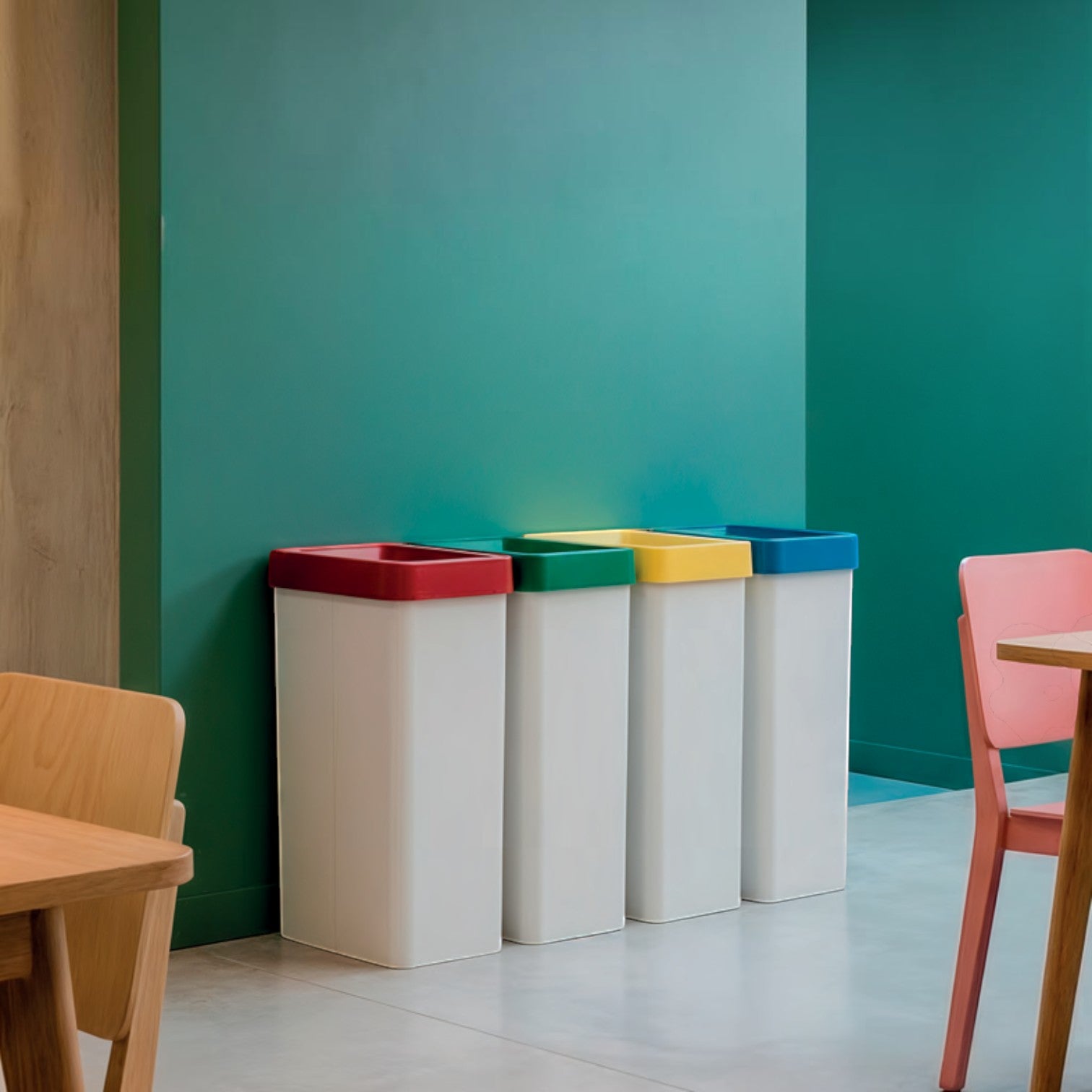Addo Shop Maxi 70L recycling bins with white bodies and colorful lids in a modern office setting.