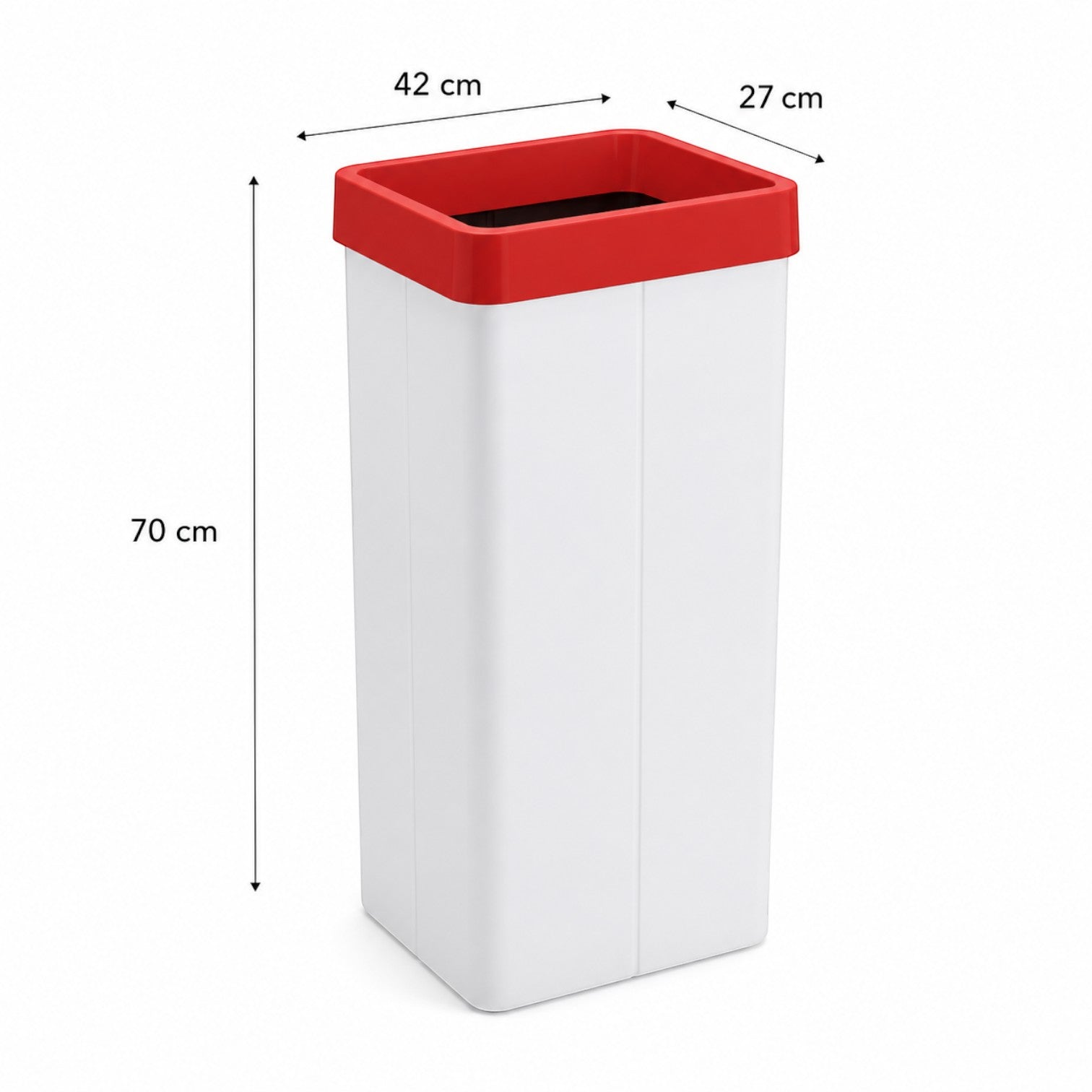 Addo Shop Maxi 70L rectangular recycling bin in white with a red rim, featuring clear dimension labels.