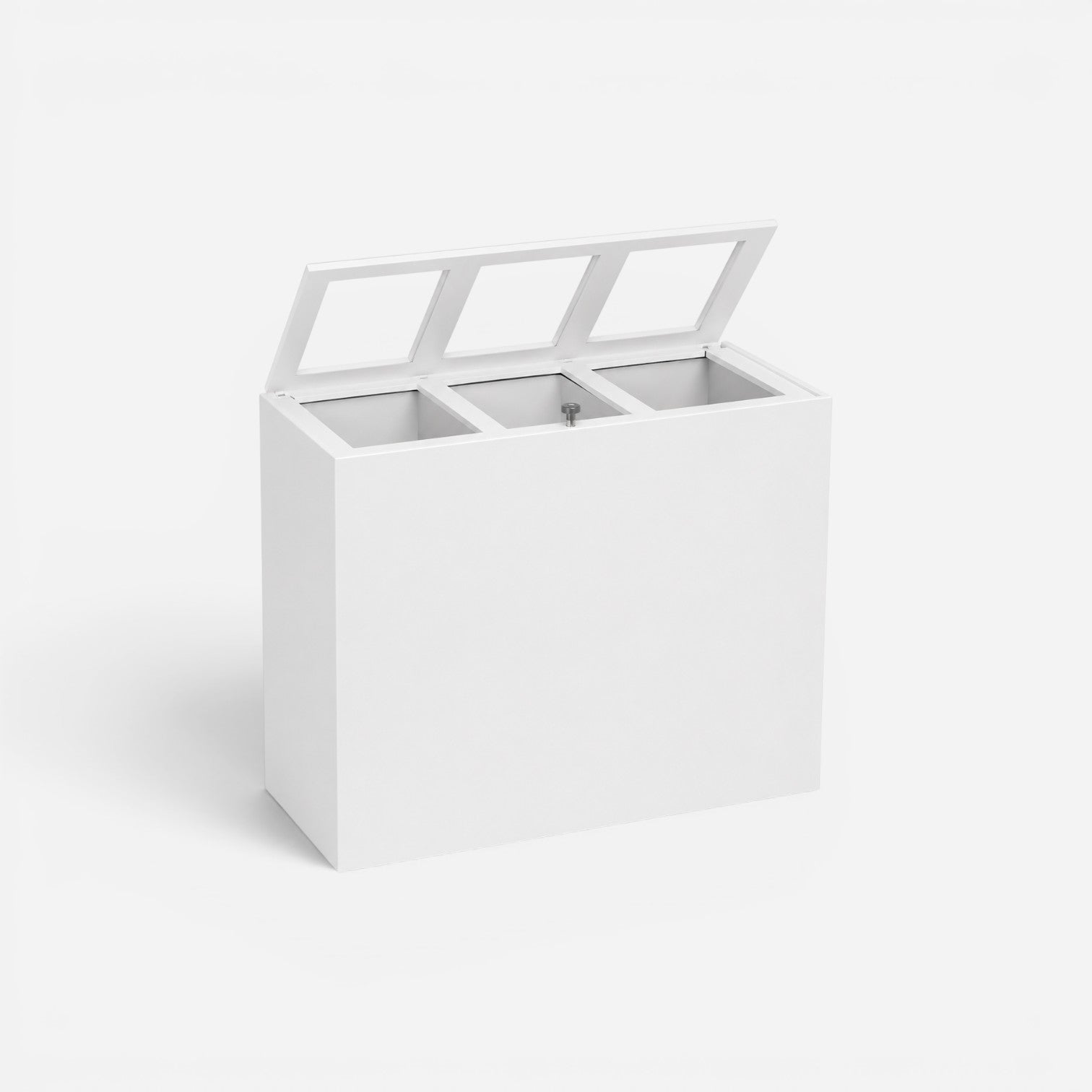 Addo Shop Maximo Lock 150L white recycling bin with three compartments and a secure locking lid mechanism.