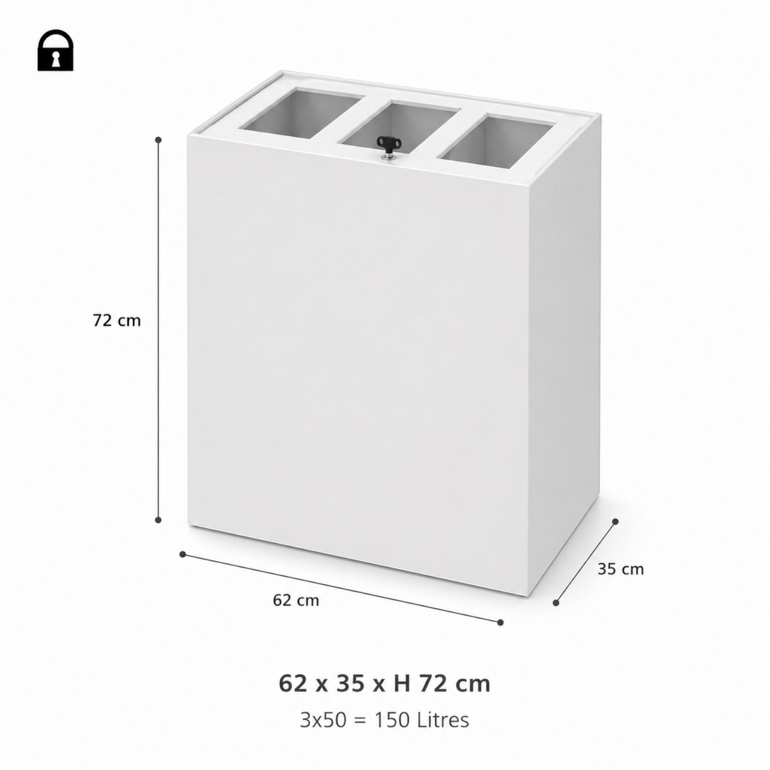 Addo Shop Maximo Lock 150L white recycling bin with three compartments and a secure key lock system.