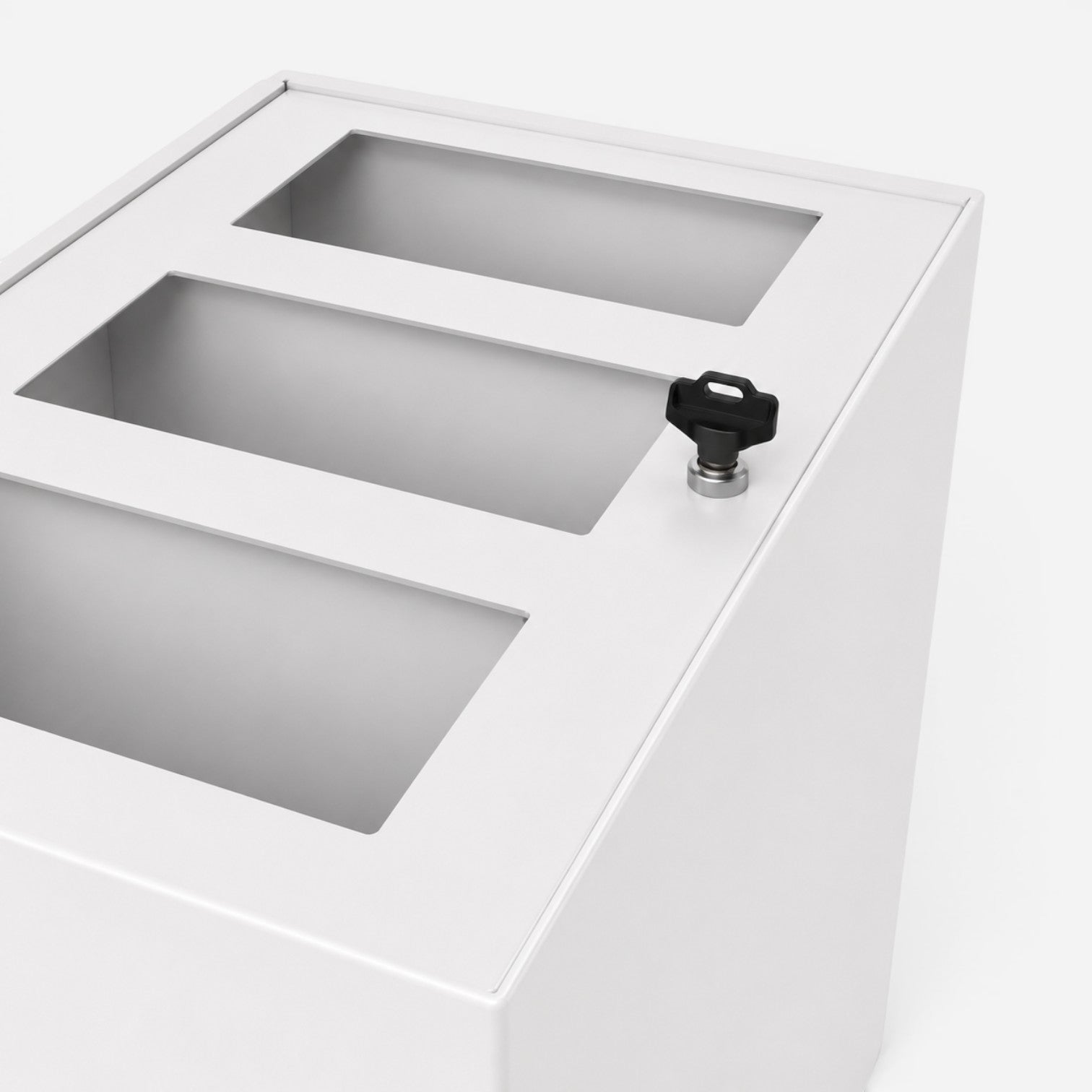 Addo Shop Maximo Lock 150L white metal recycling bin with three top openings and a secure key lock mechanism.