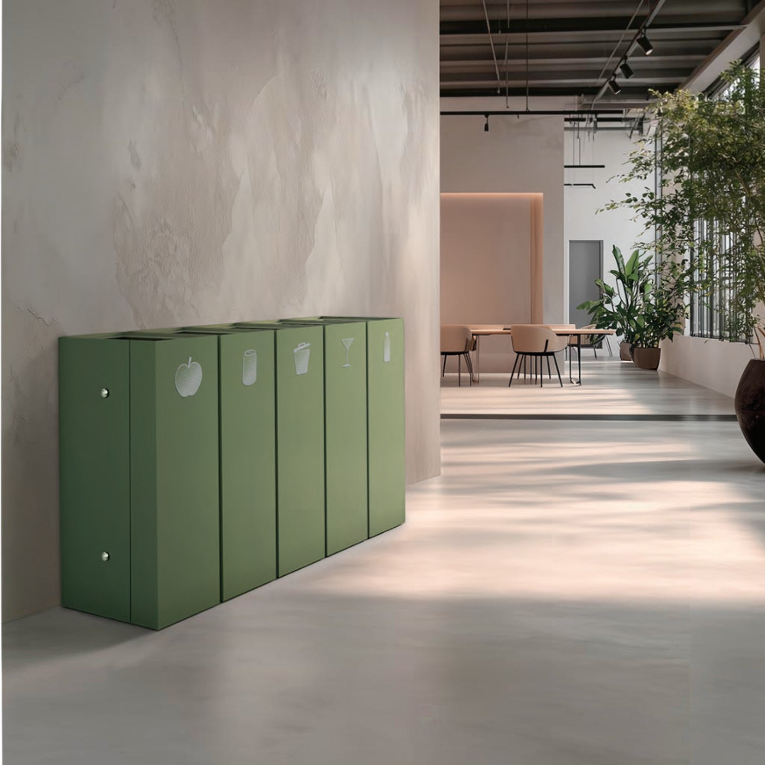 Addo Shop Maximo 60L modular green recycling bin station with waste sorting icons in a modern office interior.