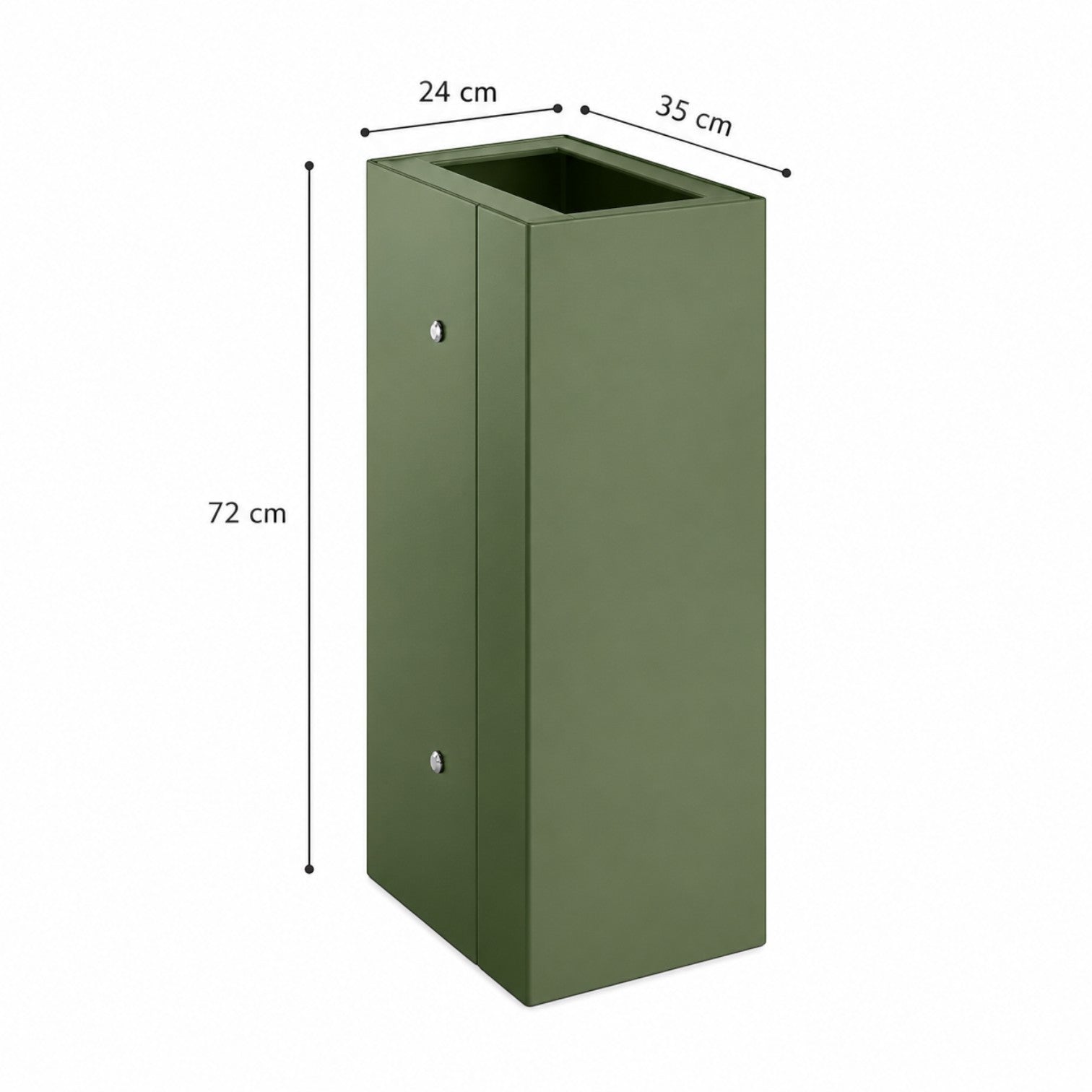 Addo Shop Maximo 60L modular recycling bin in olive green with dimensions 72cm height, 35cm width, and 24cm depth.