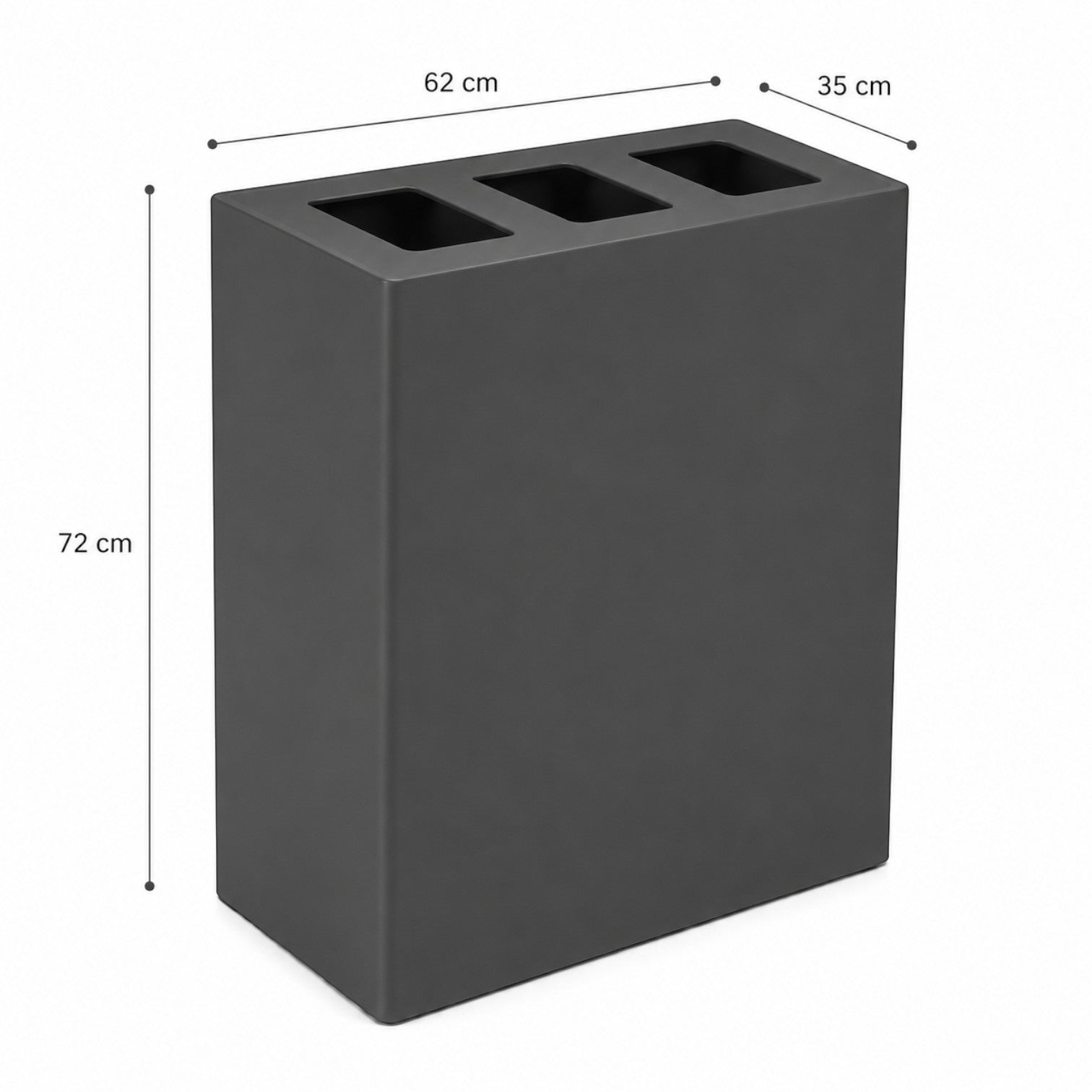 Addo Shop Maximo 150L grey rectangular recycling bin with three top compartments and labeled dimensions.
