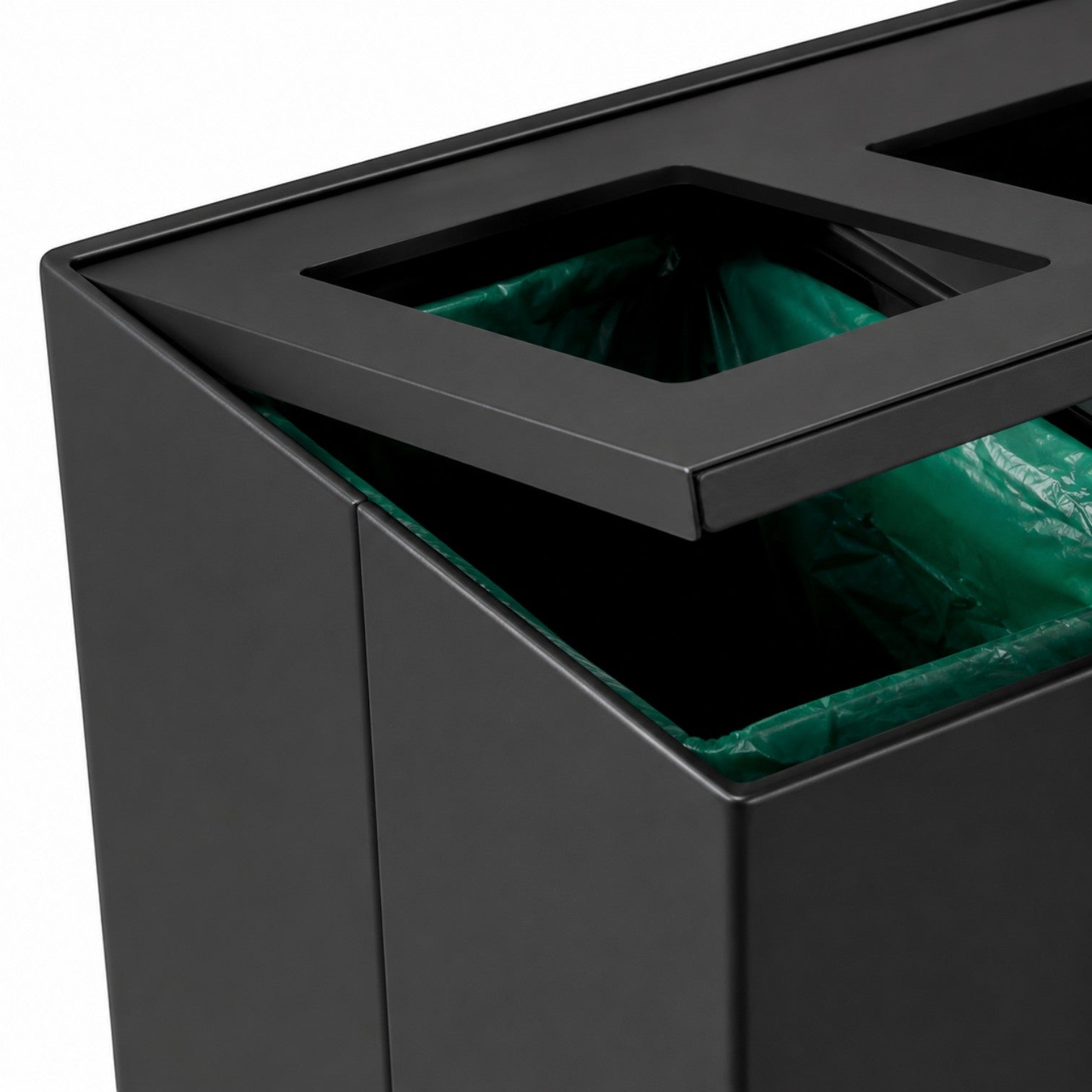 Addo Shop Maximo 150L matte black metal recycling bin with open top compartments and green liners.