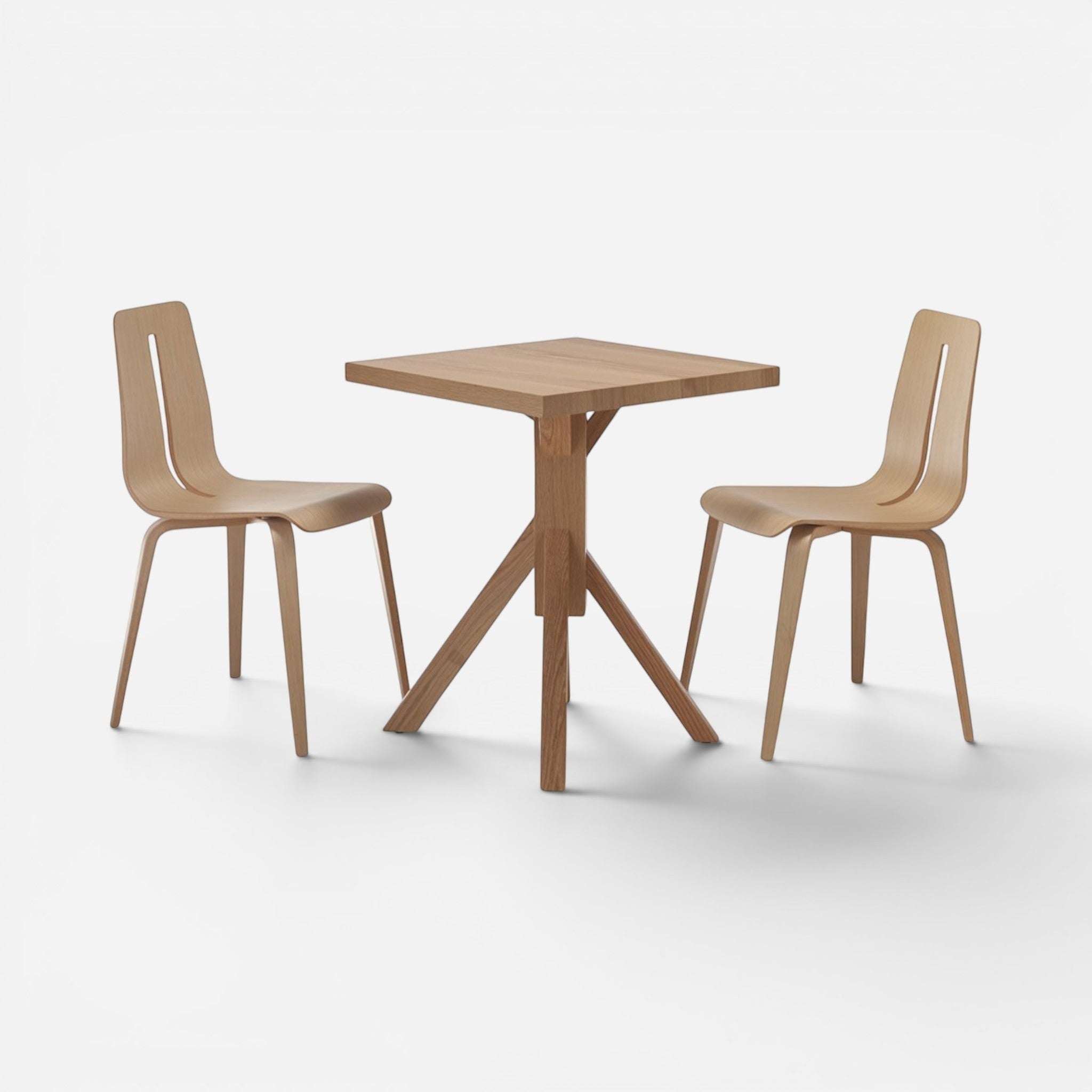 Addo Shop Milasa square wooden table with two modern chairs, natural wood finish.
