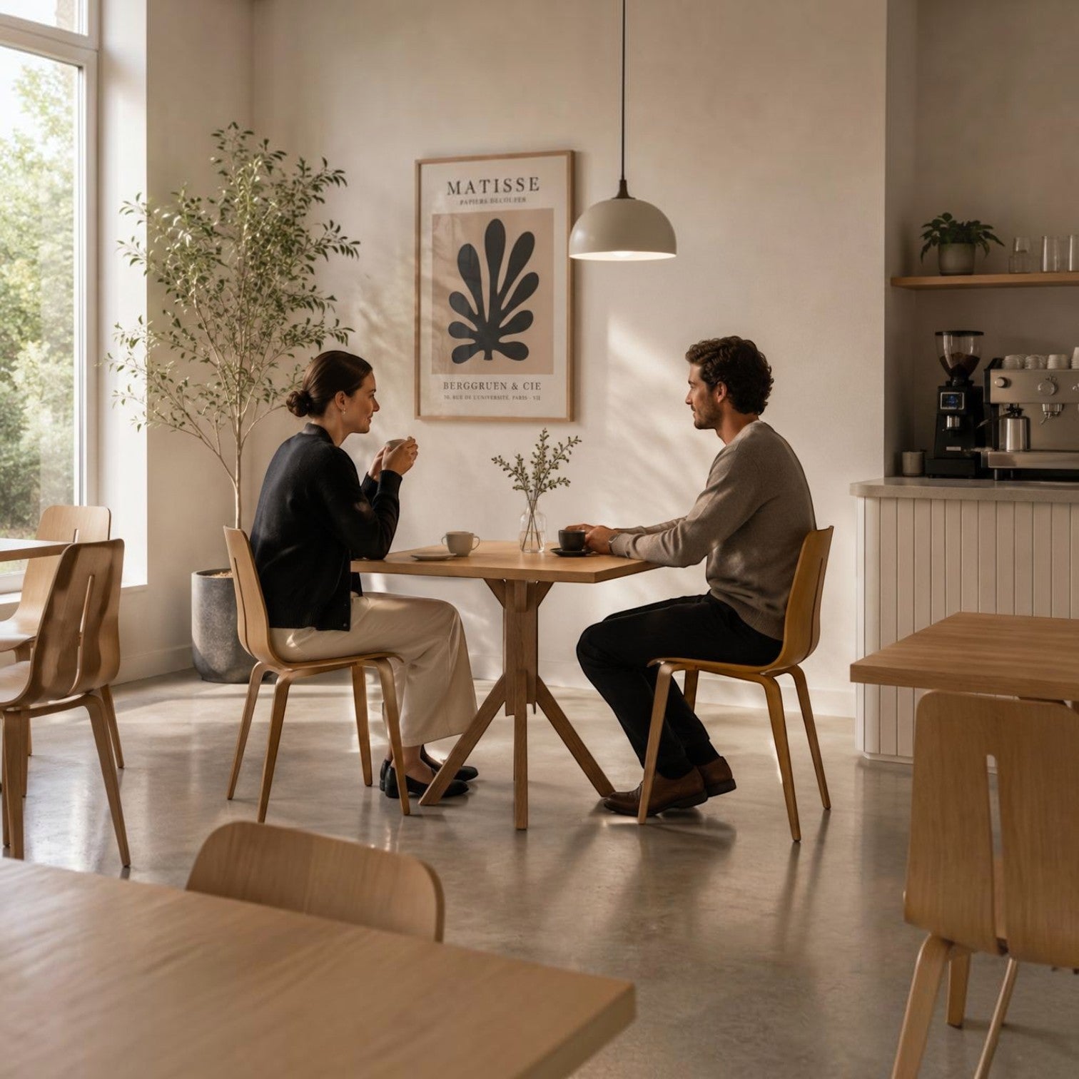 Addo Shop Milasa dining table with wood veneer top and solid base, featuring two people sitting in a modern cafe.
