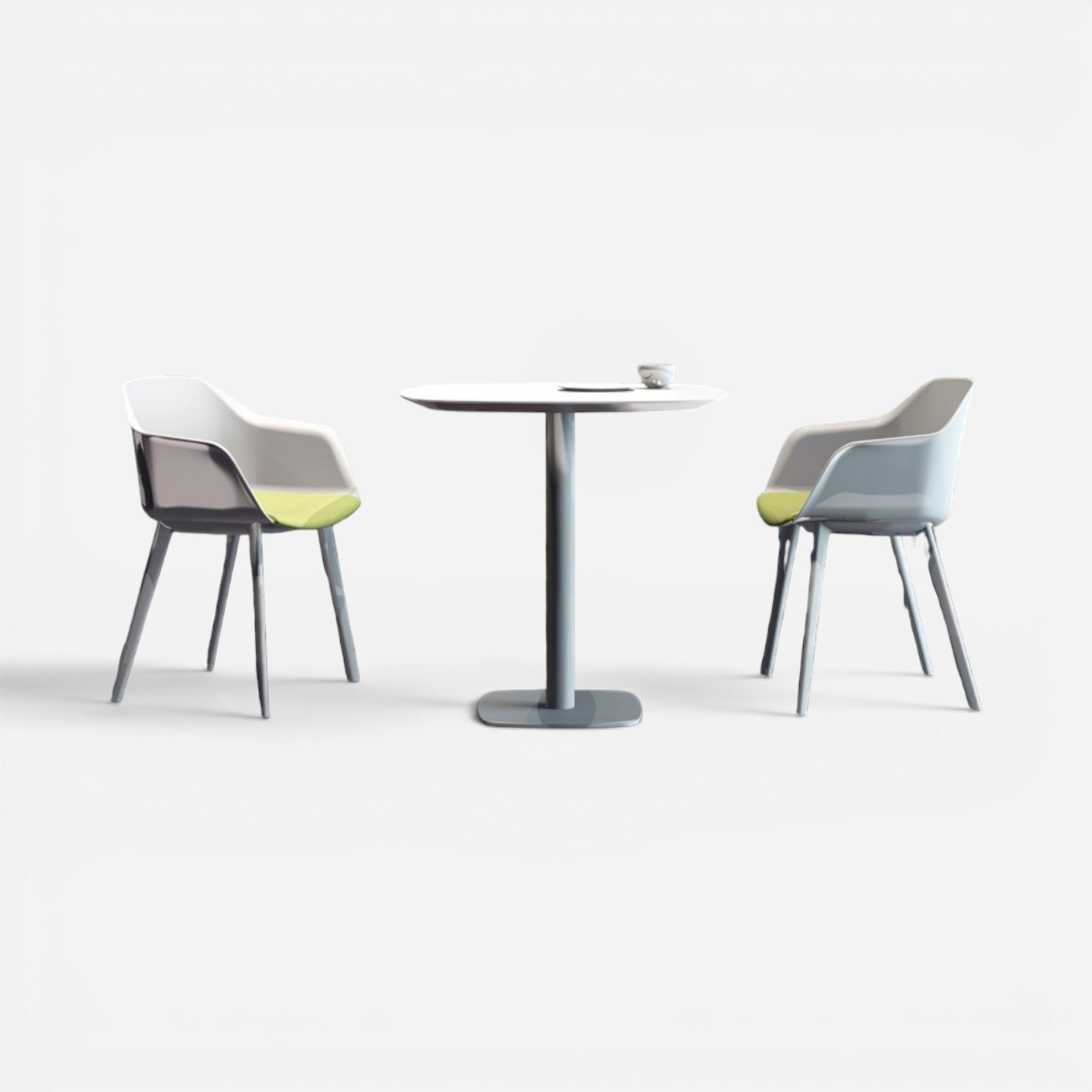 Addo Shop Miyu round laminate table with painted legs and two modern chairs with yellow seats