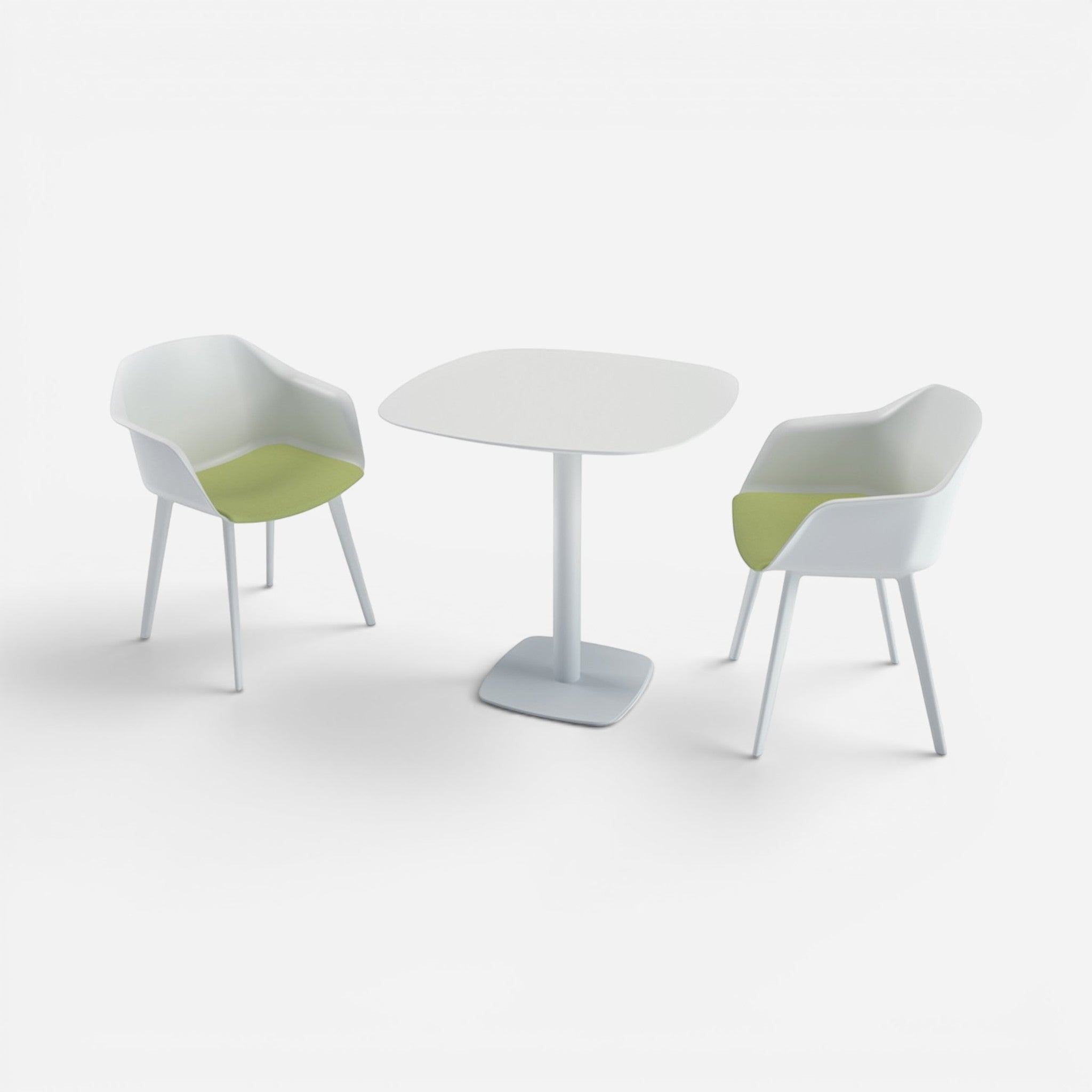 Addo Shop Miyu square laminate table with white painted legs and two white chairs with lime green seats.