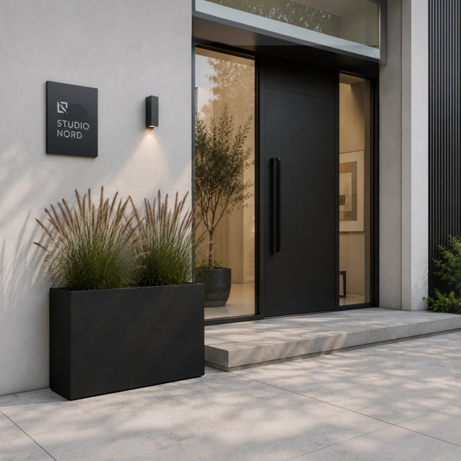 Addo Shop modern black rectangular metal planter with ornamental grasses placed by a contemporary building entrance.