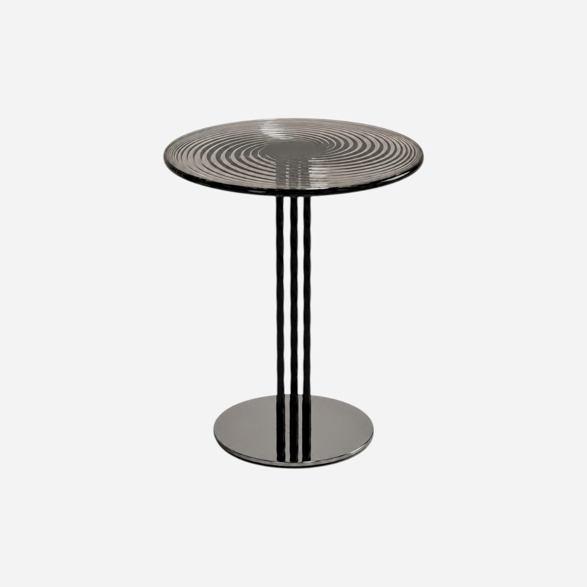 Addo Shop NAVIN low table with a handcrafted Cesm-i Bülbül glass top featuring spiral patterns and a black metal base.