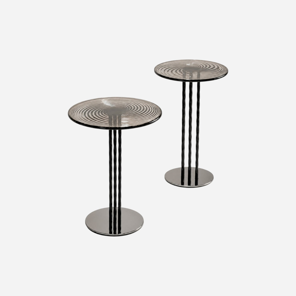 Addo Shop NAVIN duo side table set featuring round glass tops with a grey swirl pattern and sleek black metal bases.