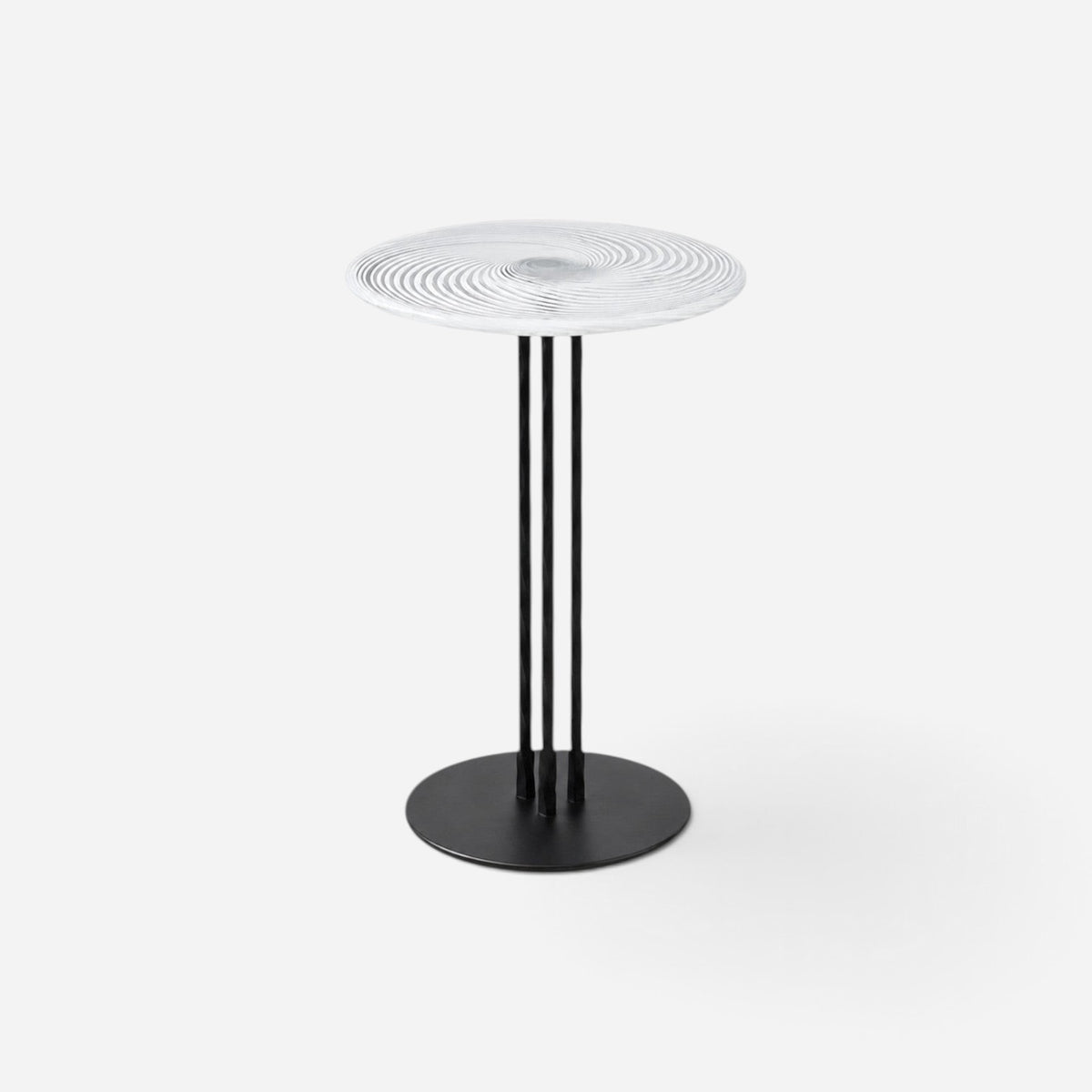 Addo Shop NAVIN side table with a handcrafted Cesm-i Bulbul glass top and a sculptural black metal base.