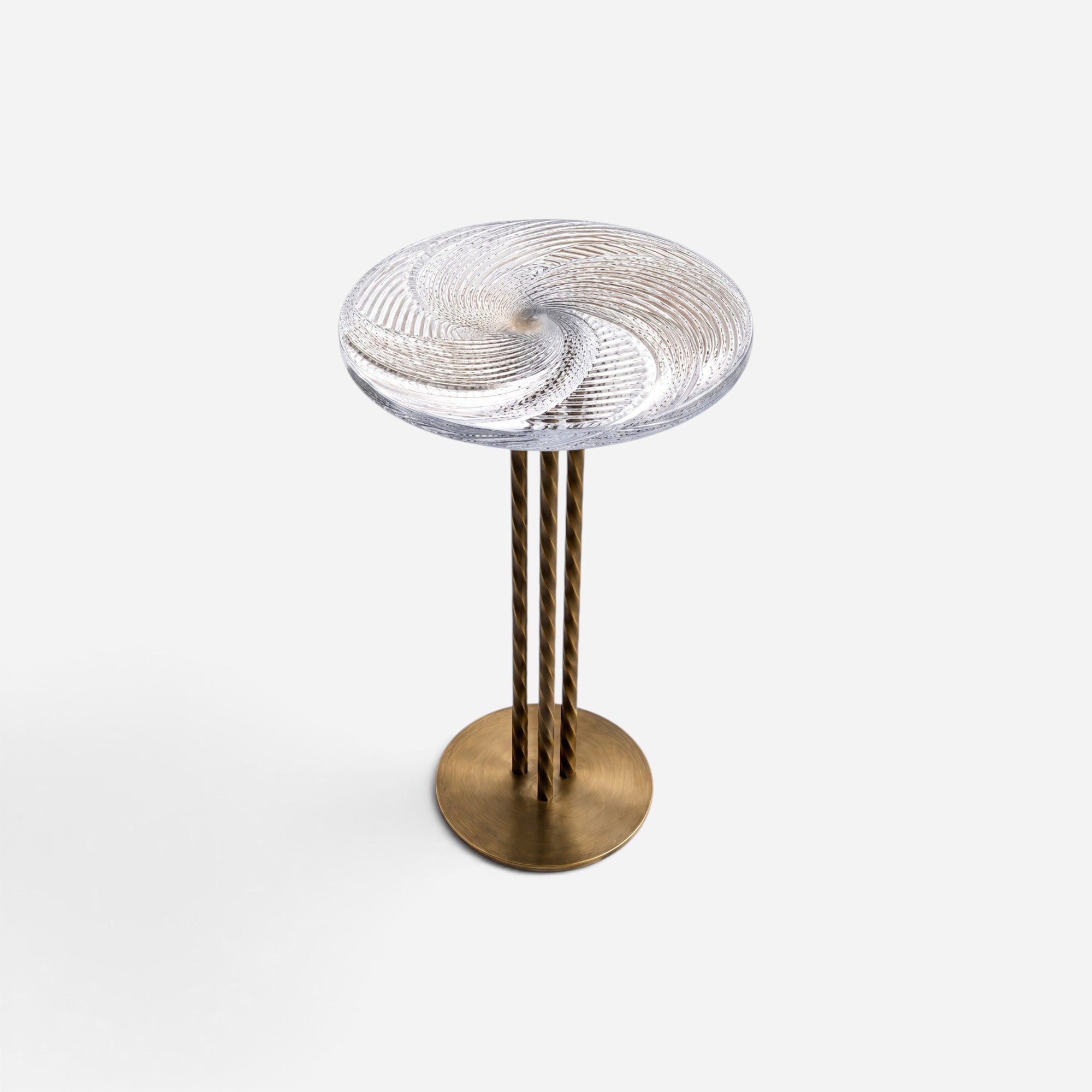 Addo Shop NAVIN Orta side table with a handcrafted Cesm-i Bulbul spiral glass top and a bronze metal base.