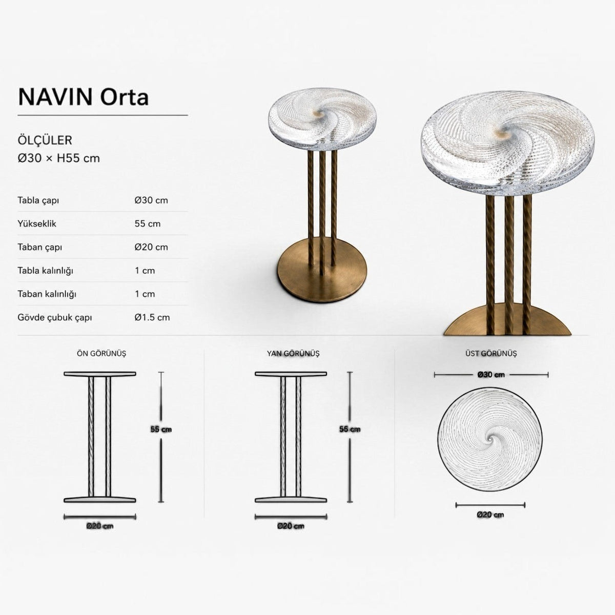 Addo Shop NAVIN Orta side table with a spiral Cesm-i Bulbul glass top and bronze metal base, technical drawing view.