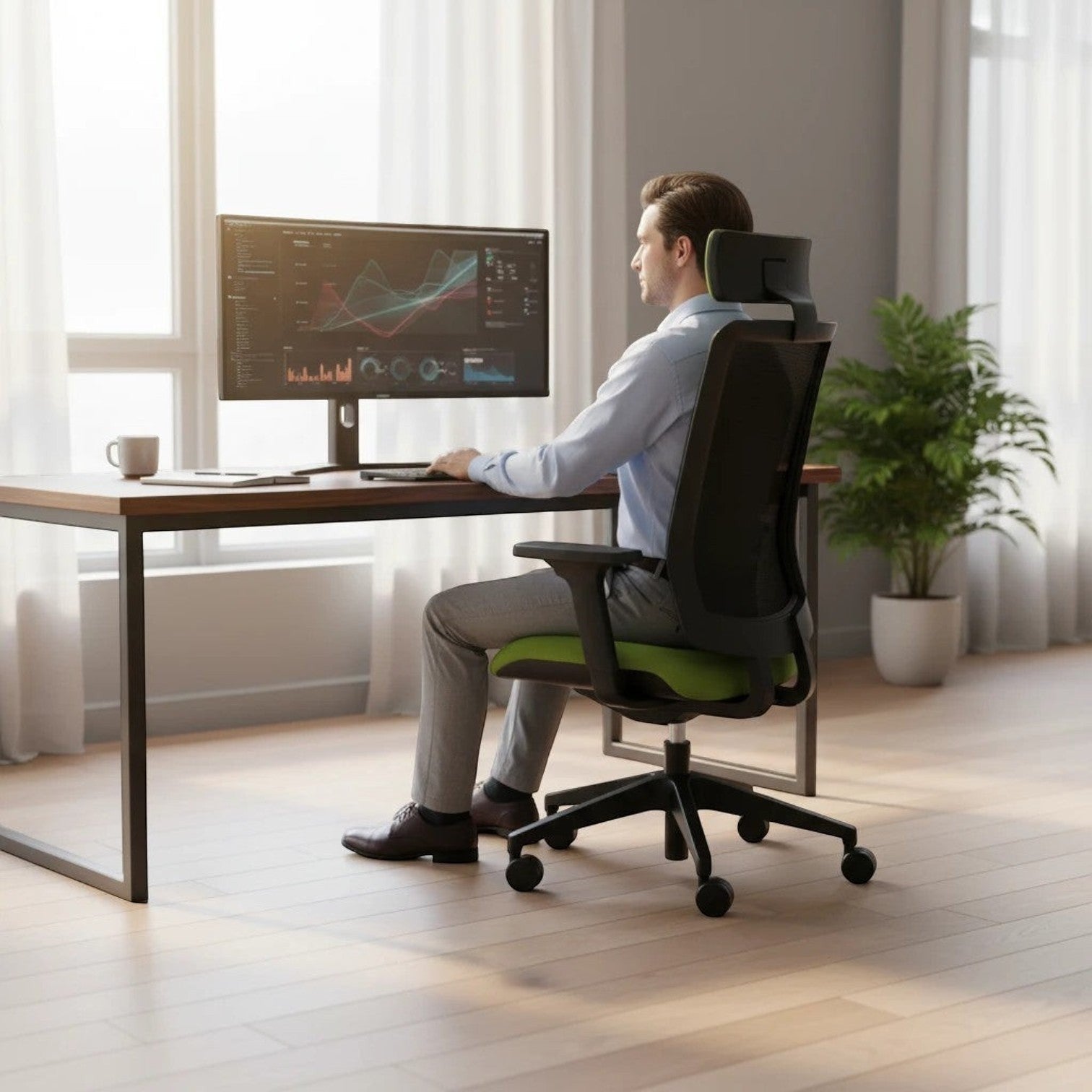Addo Shop O Live ergonomic office chair with black mesh back and green seat, adjustable armrests and headrest.