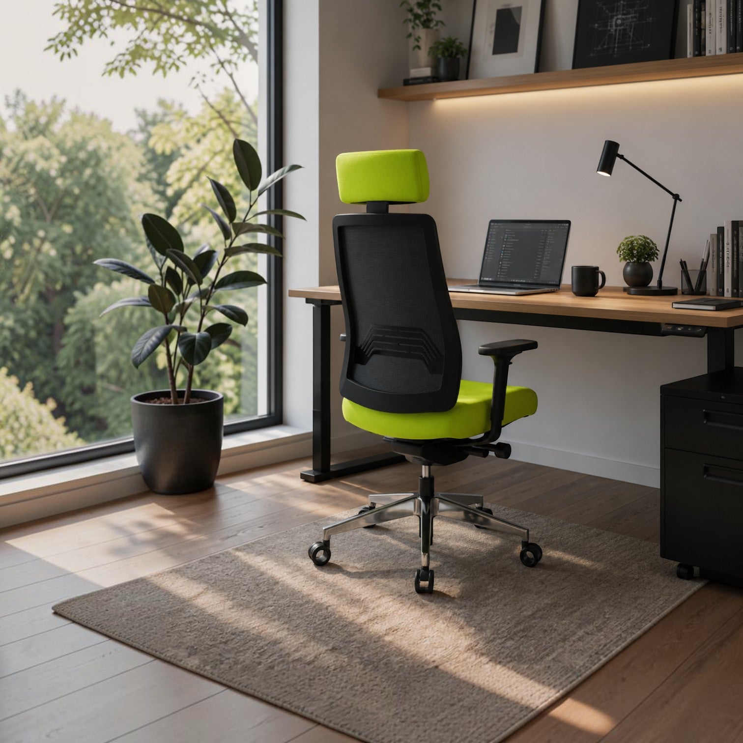 Addo Shop O-Live office chair with lime green seat, black mesh back, adjustable headrest, and polished aluminum base.