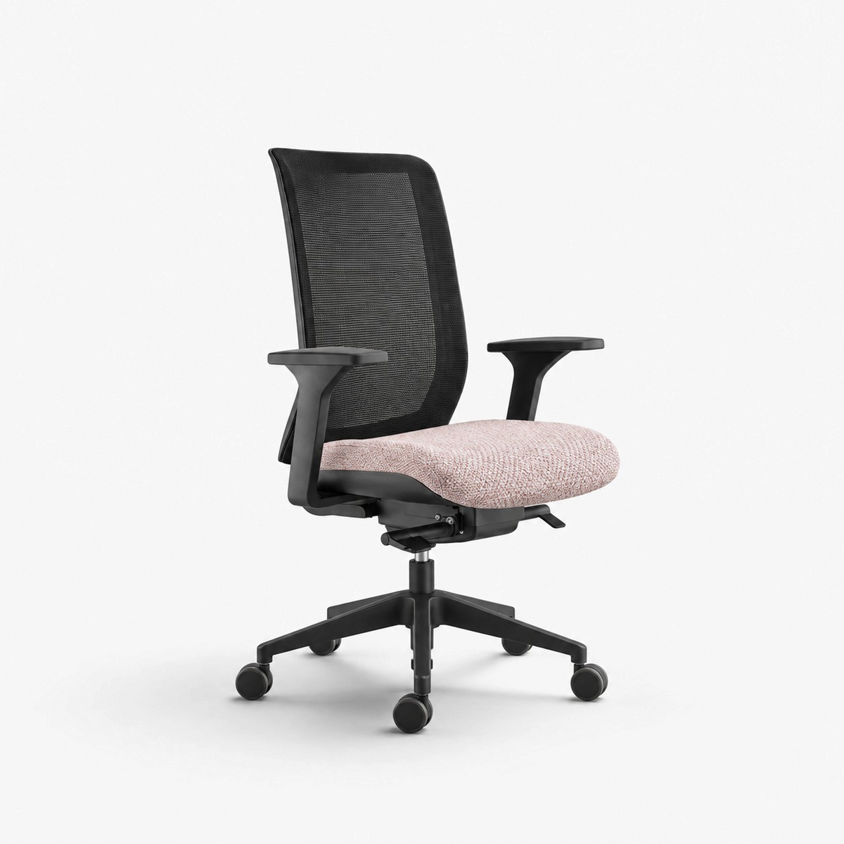 Addo Shop O-Live ergonomic office chair with black mesh back, pink upholstered seat, and adjustable armrests.