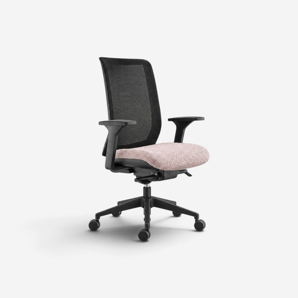 Addo Shop O-Live office chair with black mesh back, upholstered light pink seat, and black five-star base with wheels.