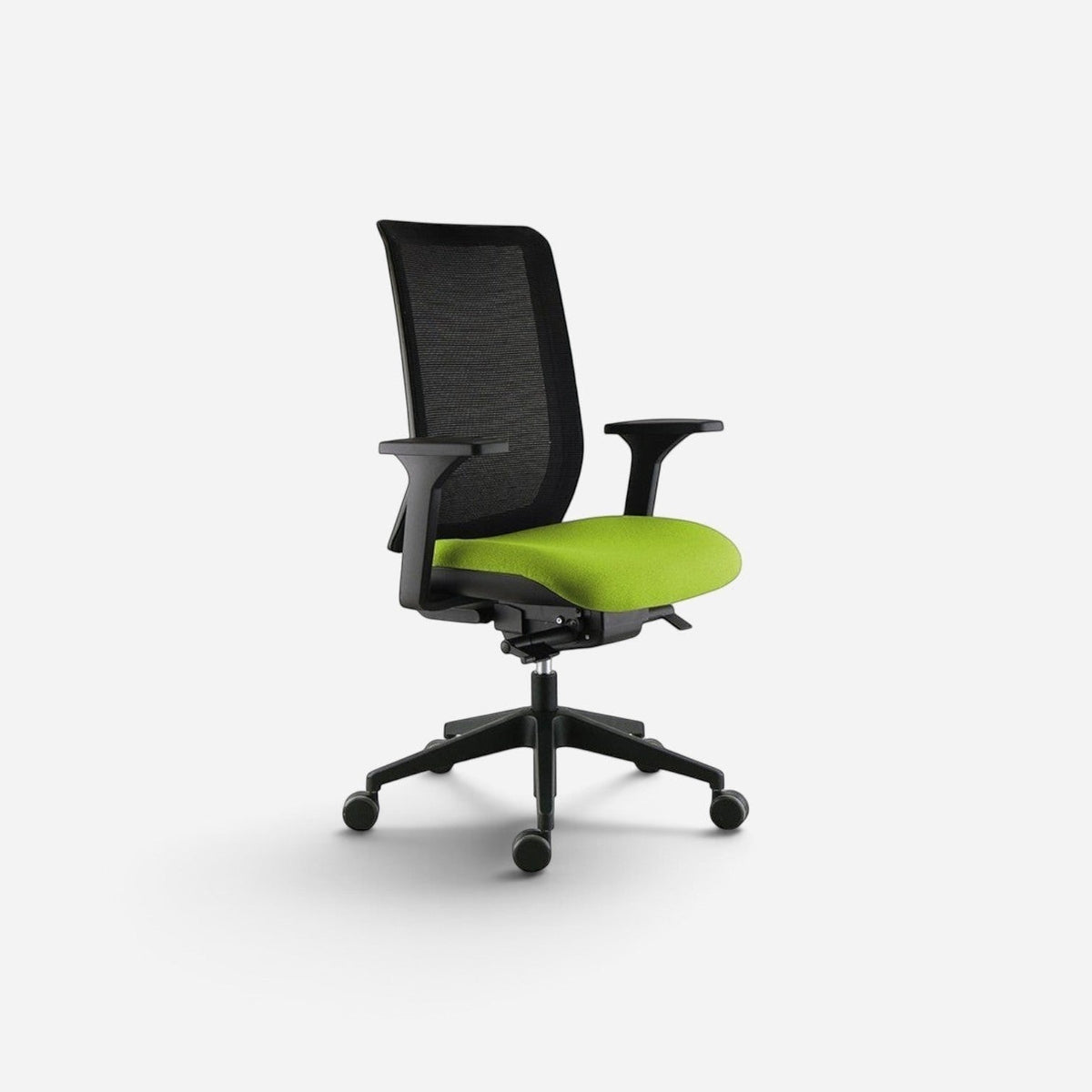 Addo Shop O-Live ergonomic office chair with a black mesh back, lime green upholstered seat, and black star base.
