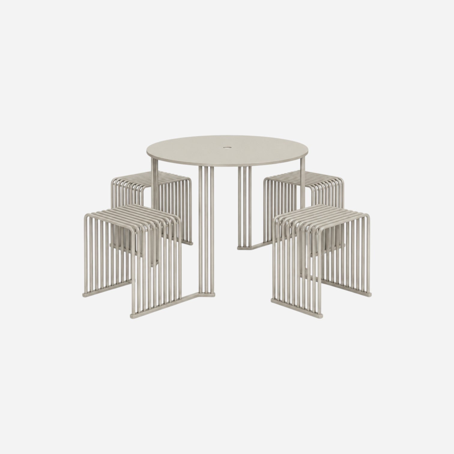 Addo Shop Zeroquindici .015 Octopus round metal picnic table with four integrated stools in a light grey powder finish.
