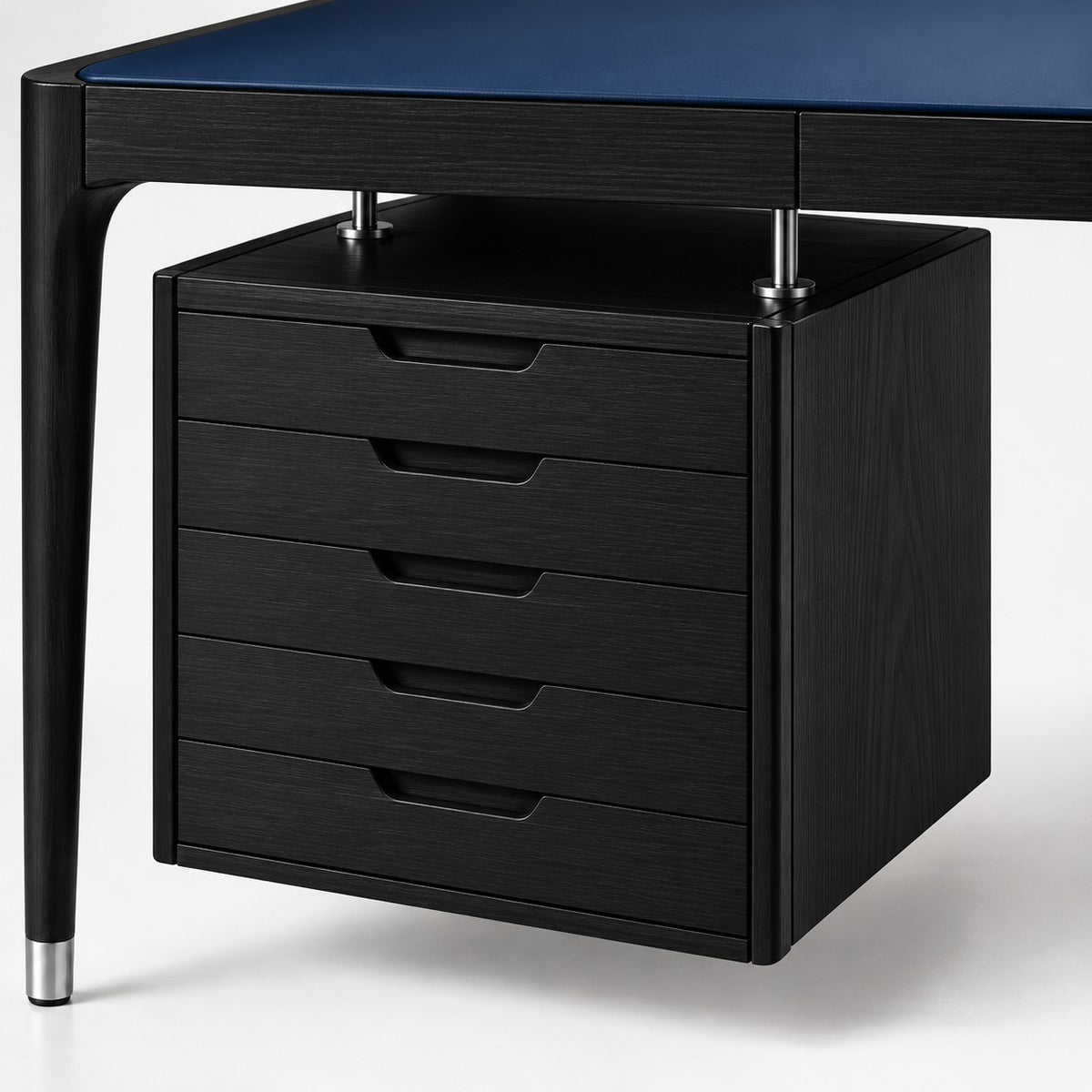 Addo Shop ODAK DÜĞÜM desk featuring a dark wood hanging five-drawer unit, navy blue surface, and chrome accents.