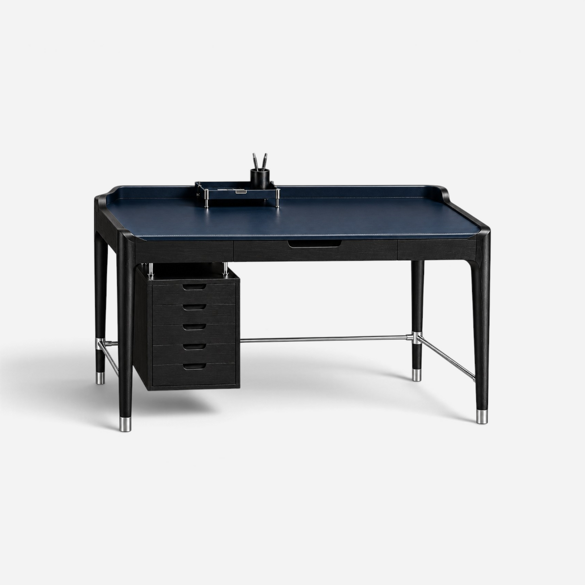 Addo Shop ODAK DÜĞÜM desk with a navy blue surface, dark wood frame, chrome accents, and a five-drawer hanging unit.